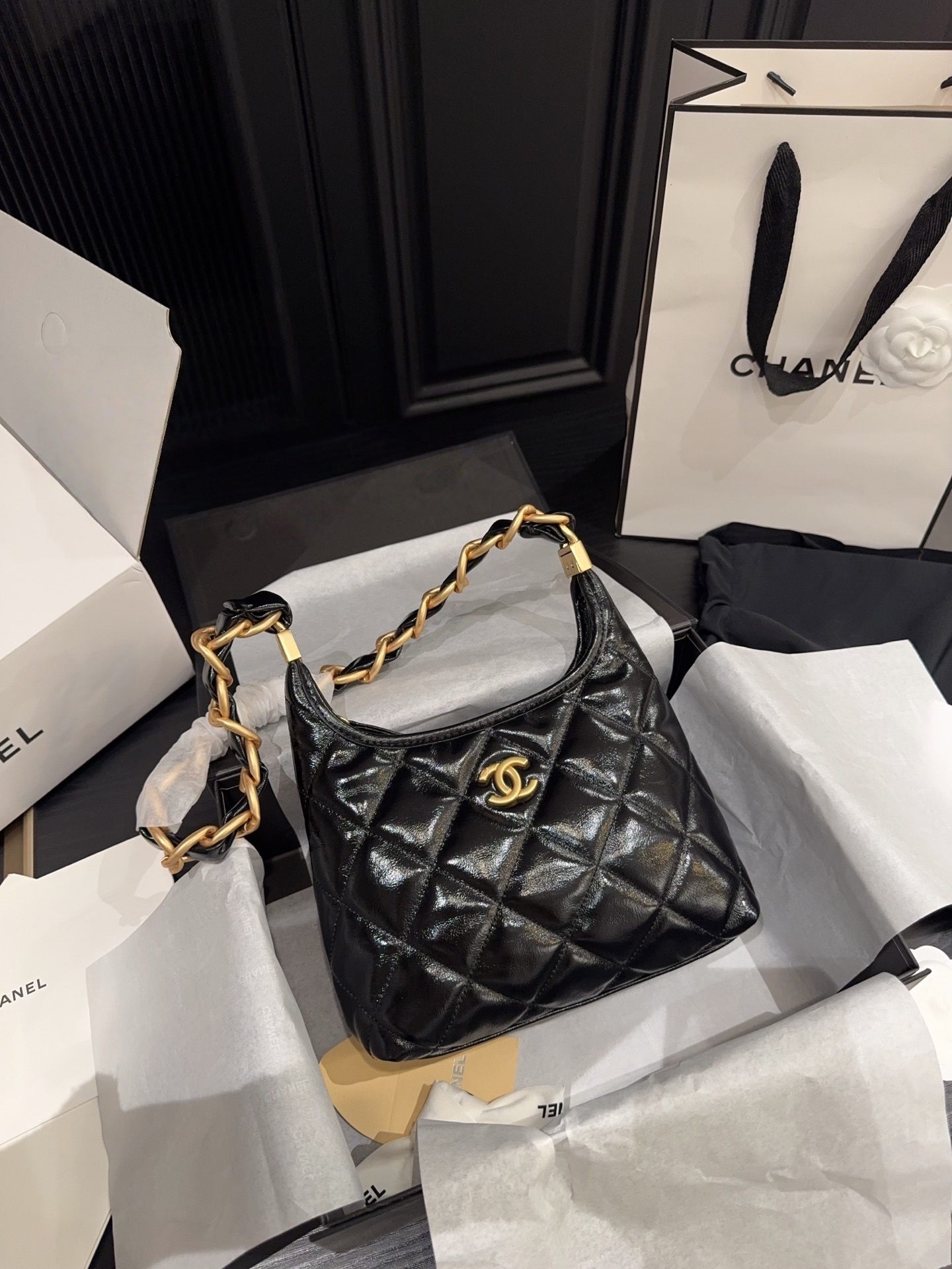 Chanel 24A Chain Hobo Bag Black