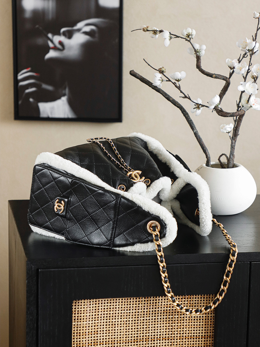 Chanel 25K Hobo Bag — Black Quilted Leather with Shearling Trim (Small)