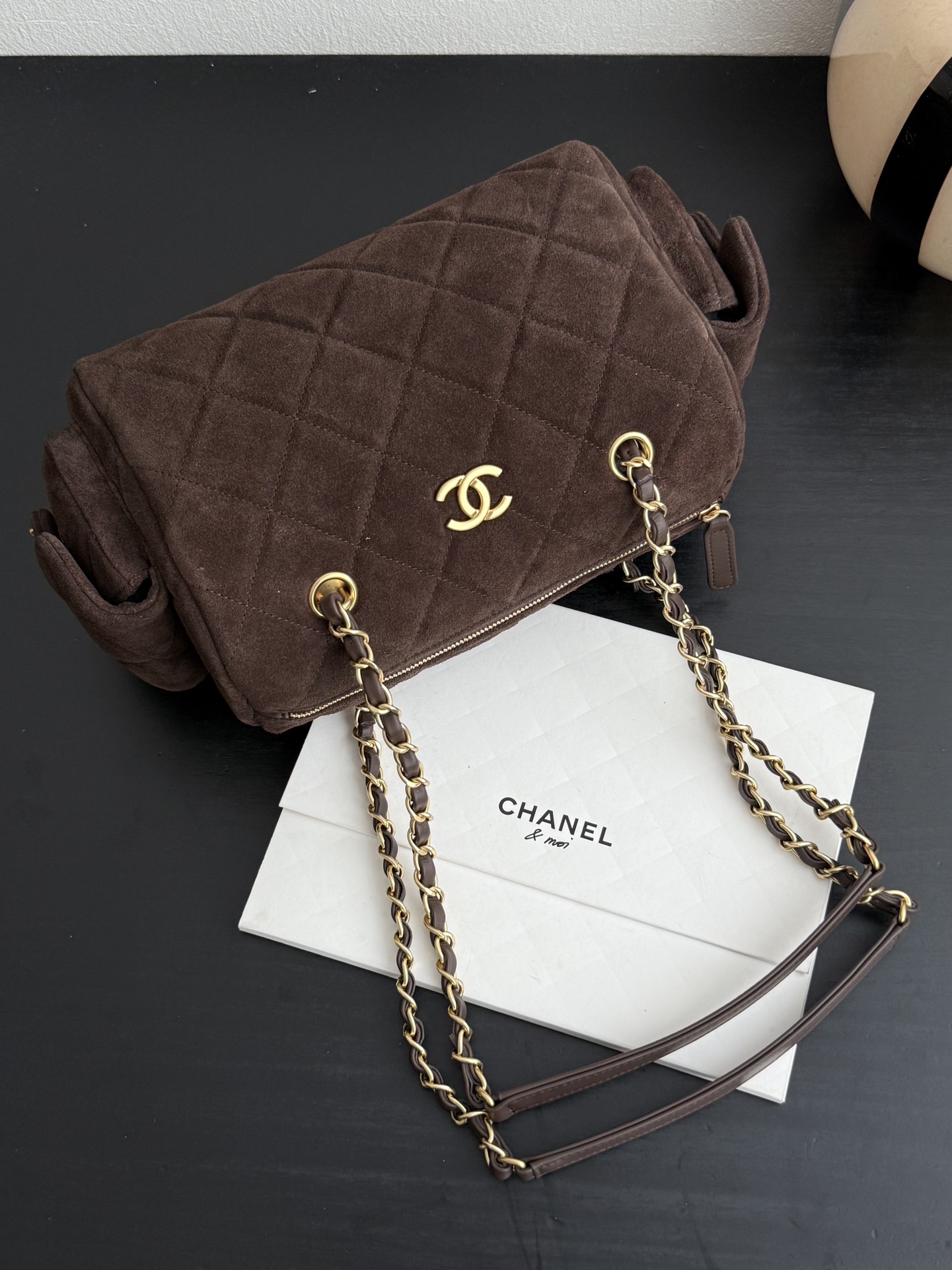 Chanel Small Bowling Bag Dark Brown Suede