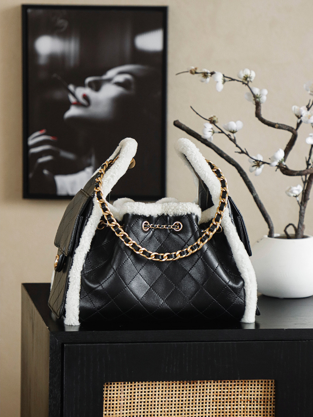 Chanel 25K Hobo Bag — Black Quilted Leather with Shearling Trim (Small)