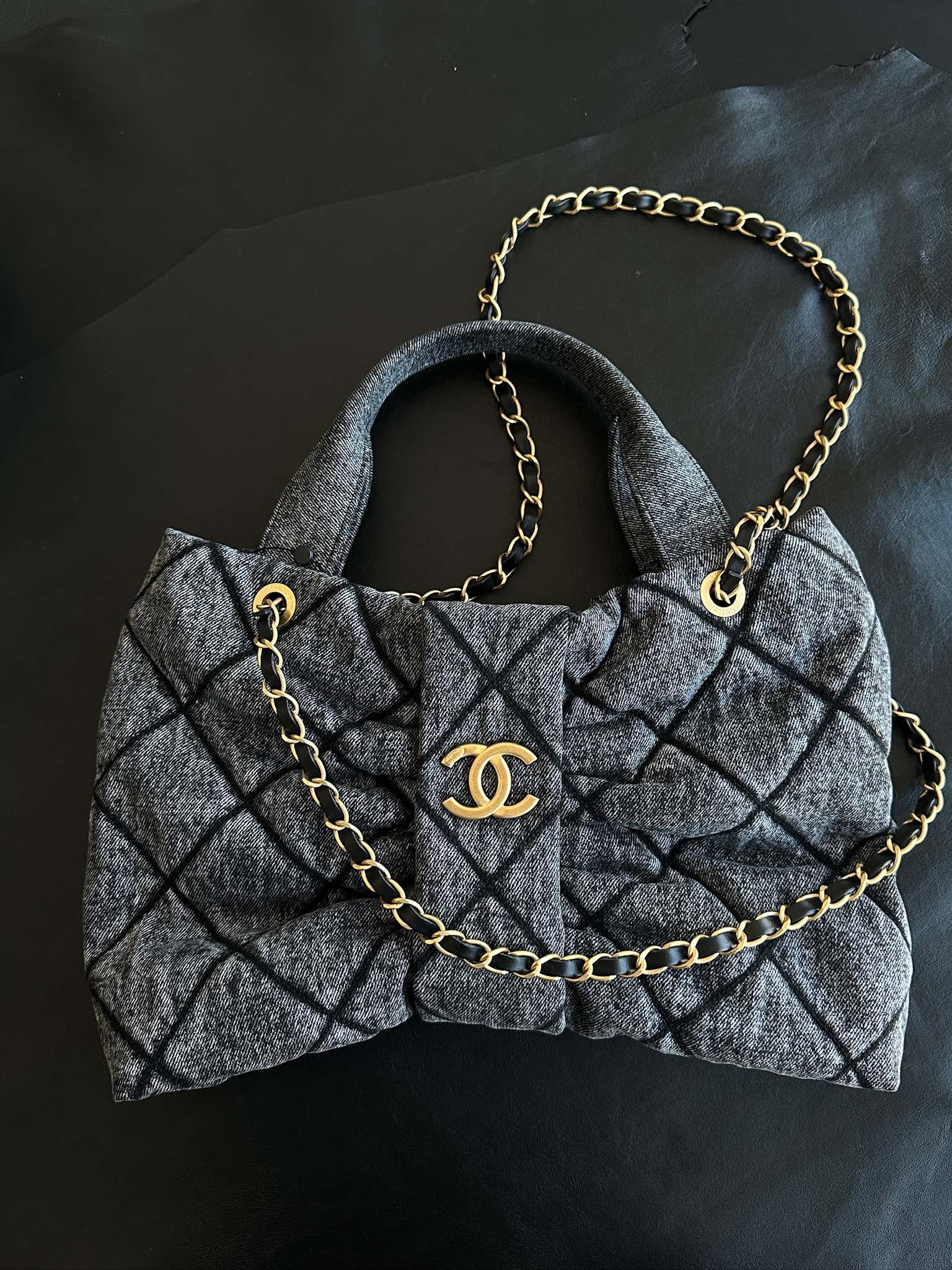 CHANEL Bow Bag Washed Denim & Gold-Tone Metal Black