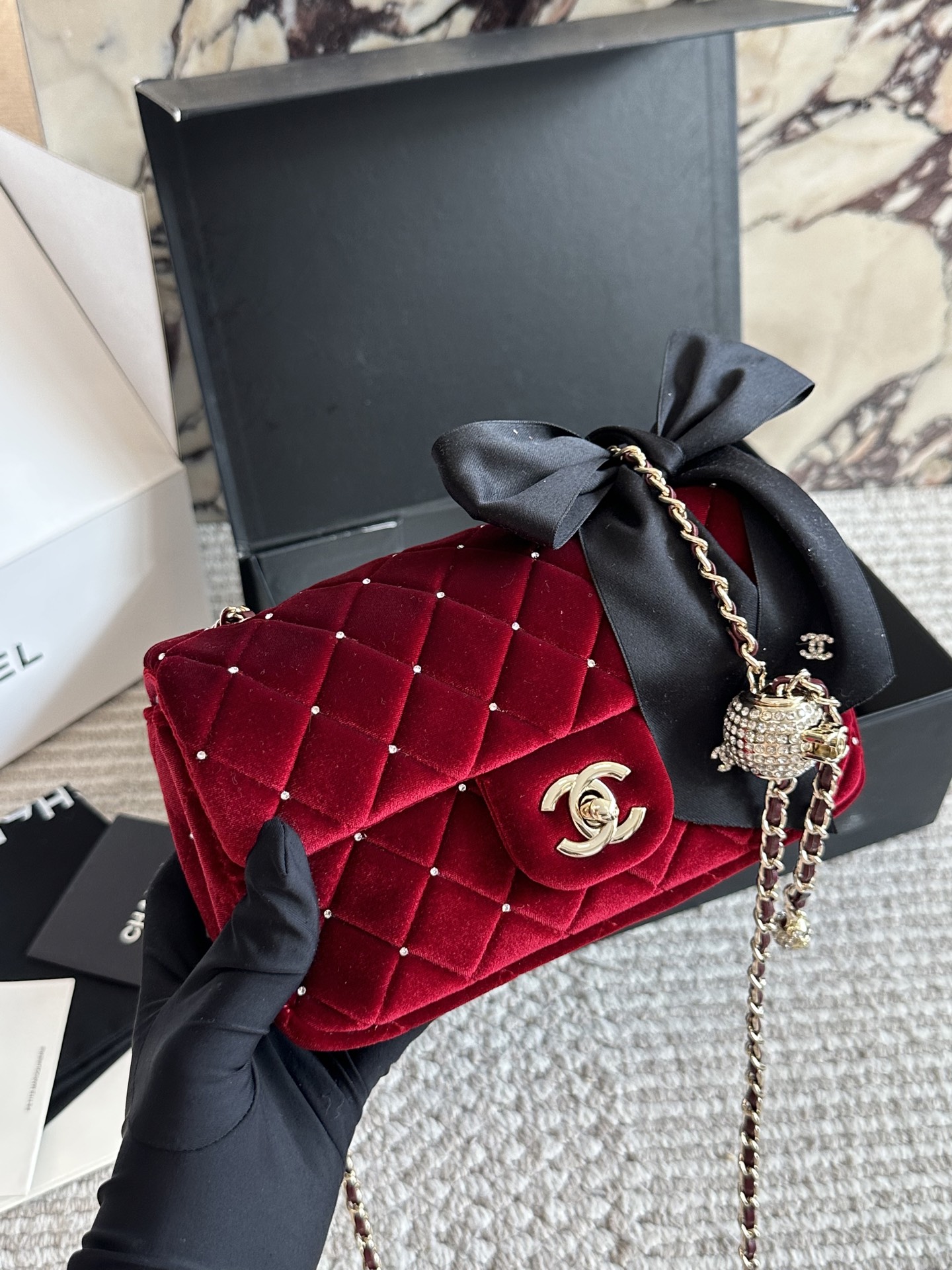 CHANEL Velvet Crystal-Ball Chain Flap Bag