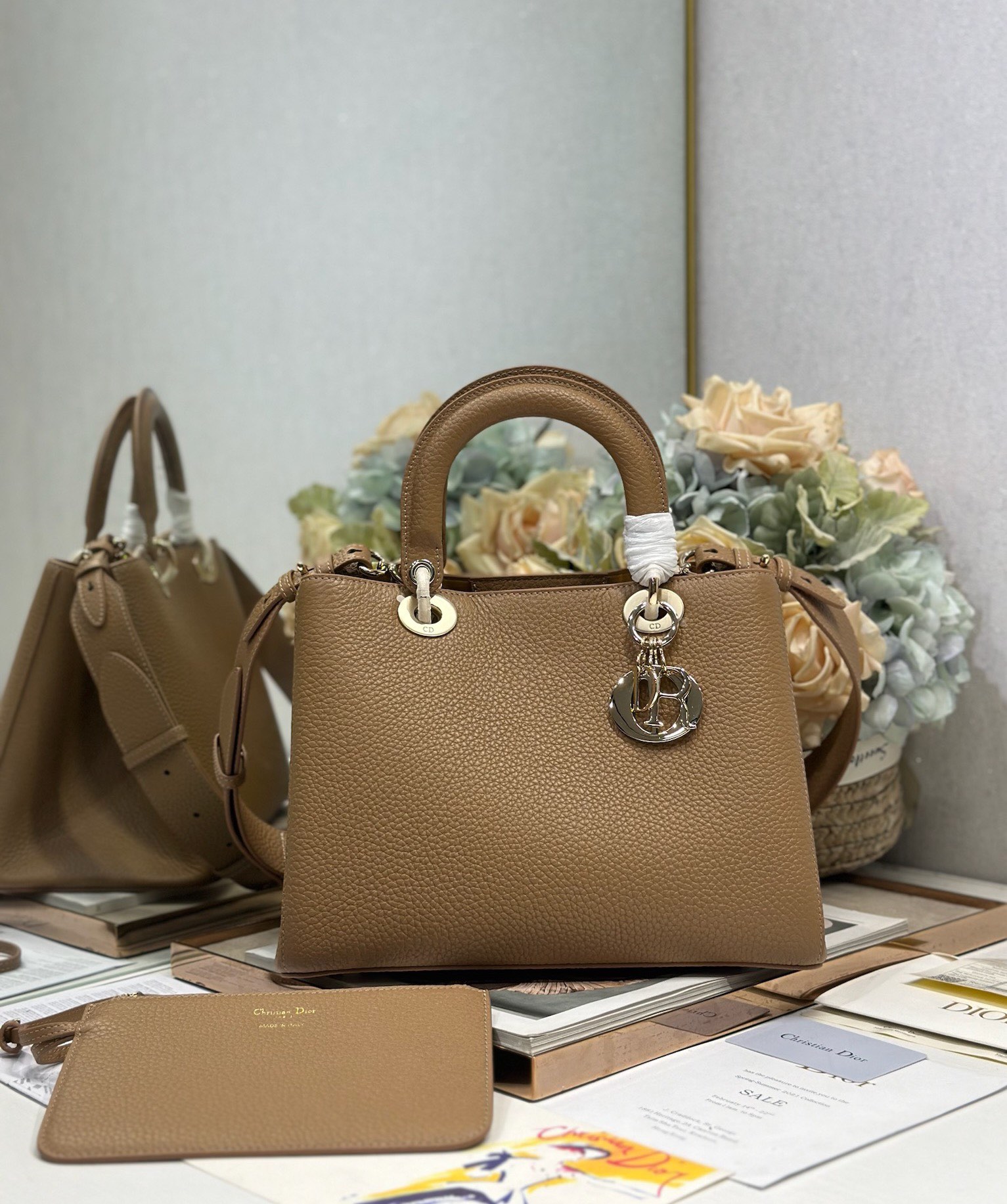 Dior Toujours Bag in Brown Grained Calfskin
