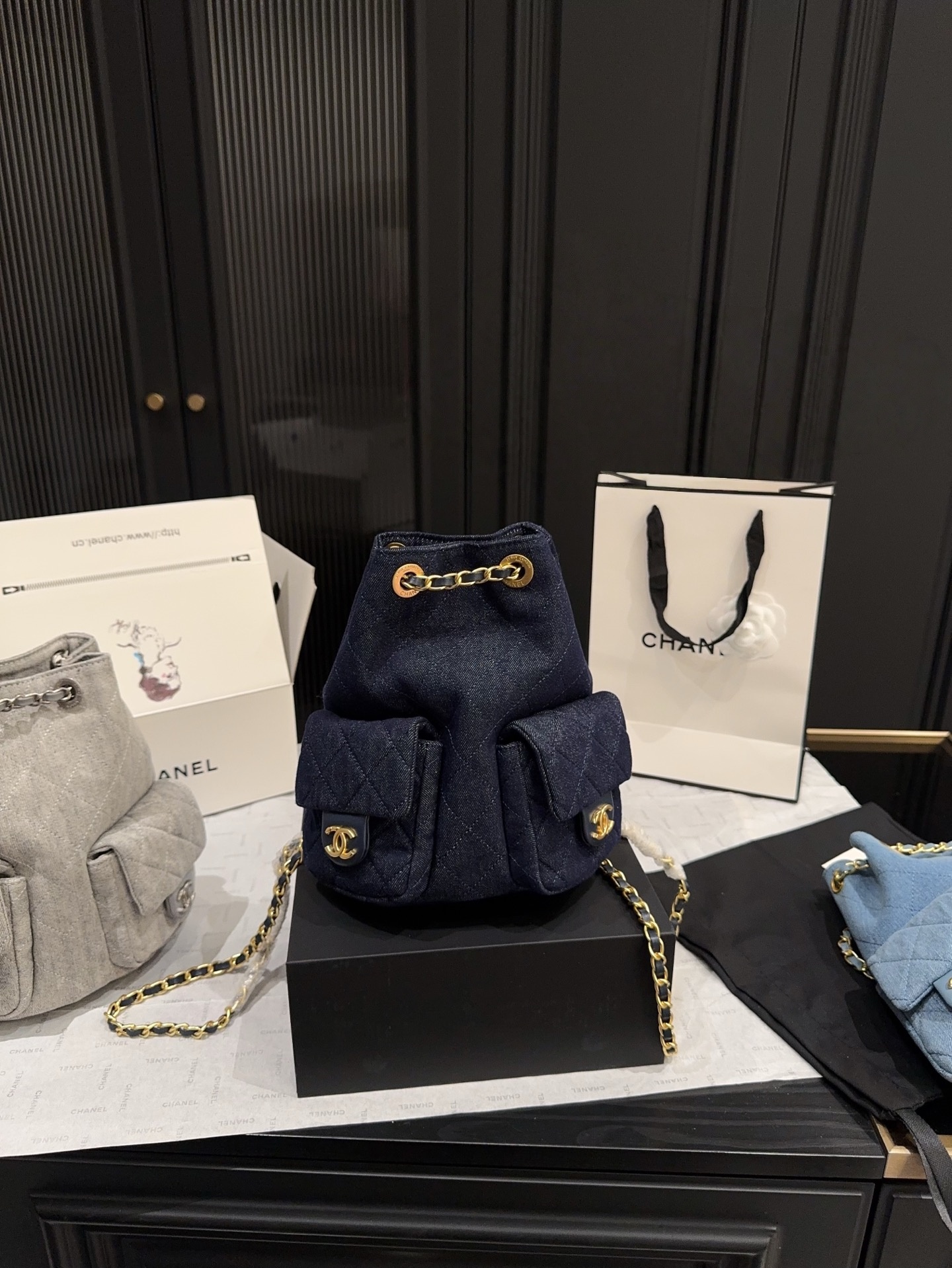 Chanel Leather Backpack Women's Dark Blue