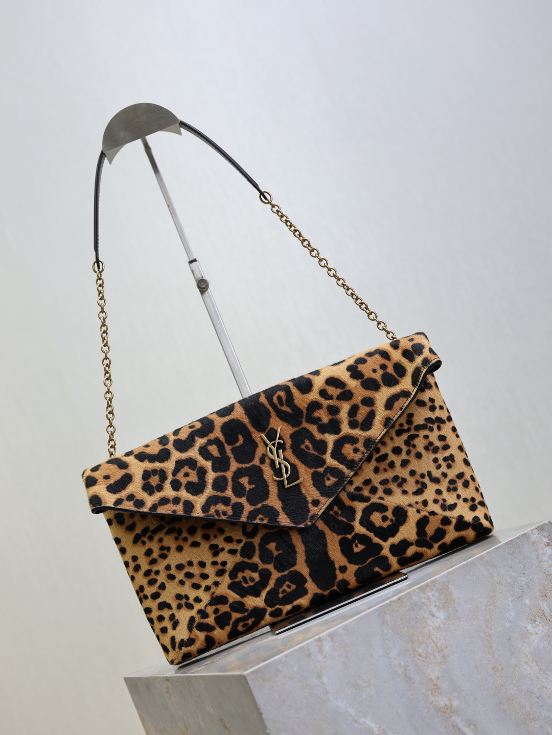 SAINT LAURENT Cassandre leather-trimmed leopard-print calf hair shoulder bag