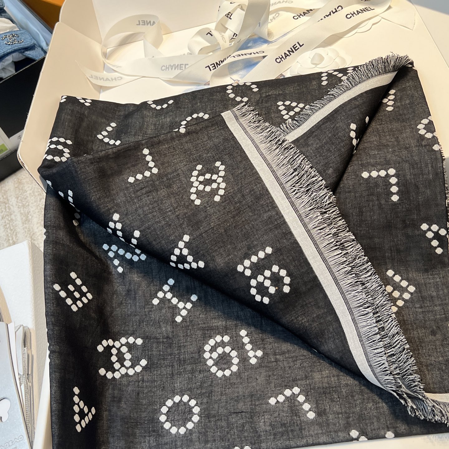 Chanel 25C Black, White & Grey Pearl Double-C Scarf