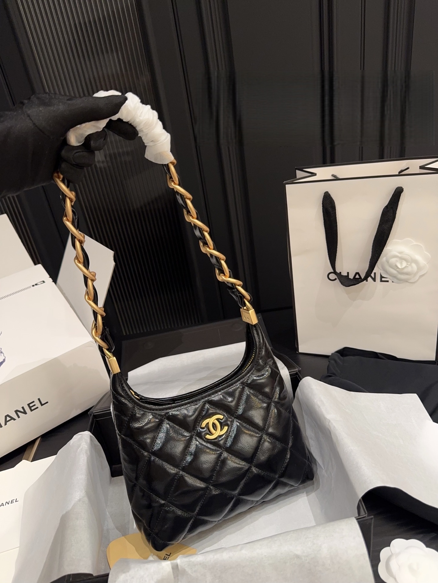 Chanel 24A Chain Hobo Bag Black