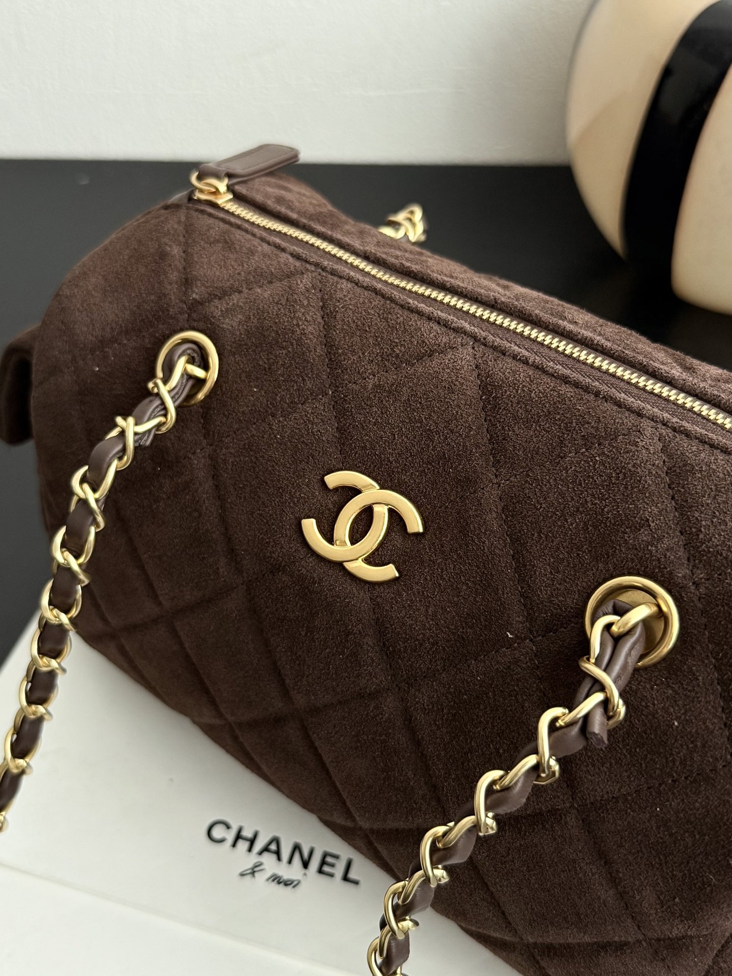 Chanel Small Bowling Bag Dark Brown Suede