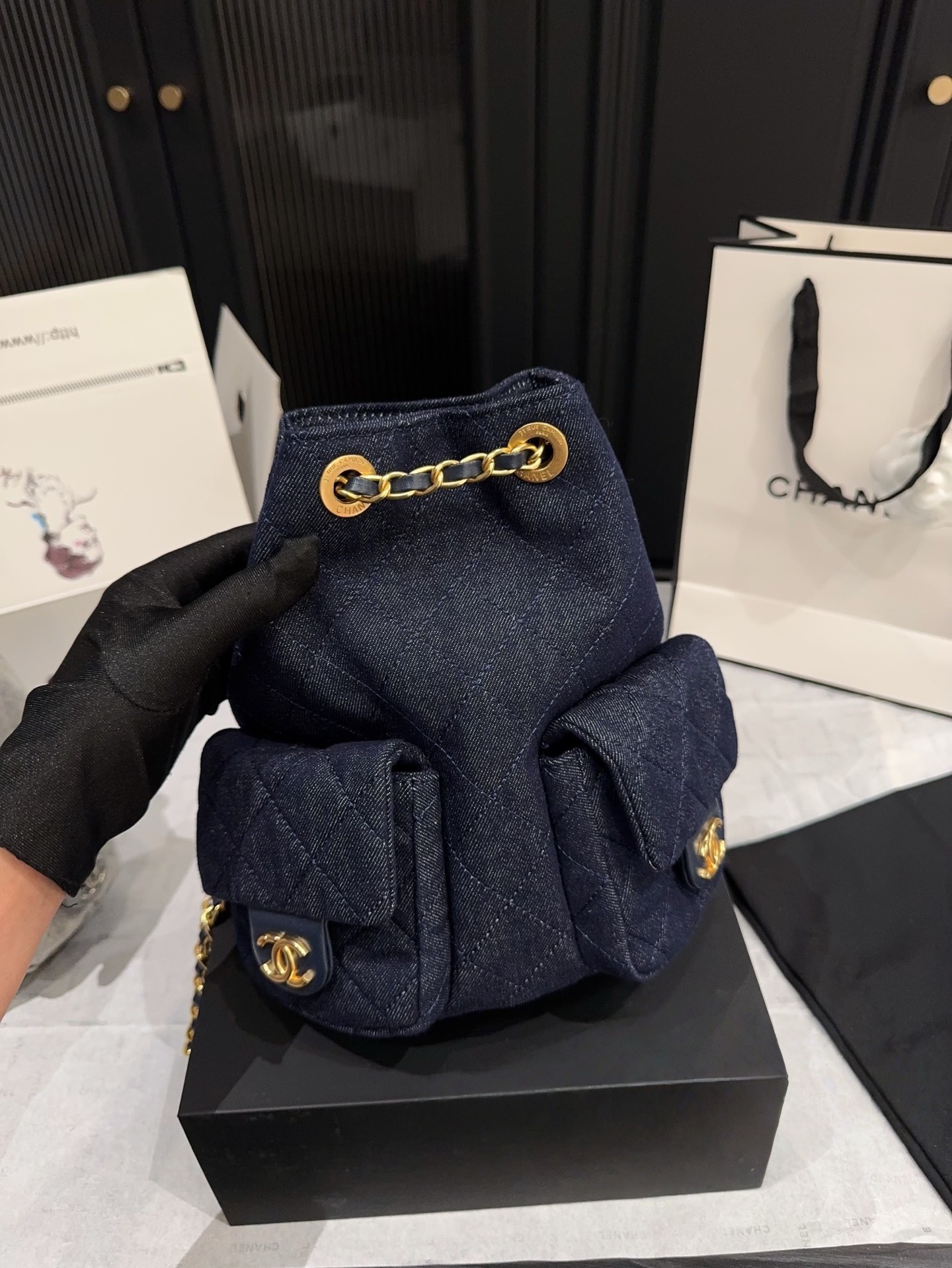 Chanel Leather Backpack Women's Dark Blue