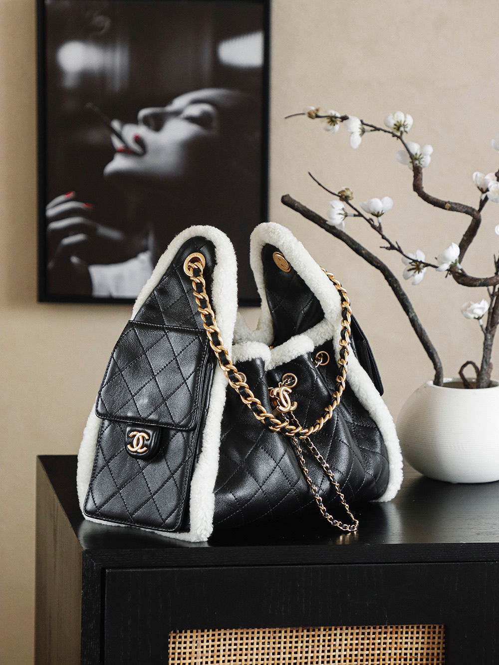 Chanel 25K Hobo Bag — Black Quilted Leather with Shearling Trim (Small)