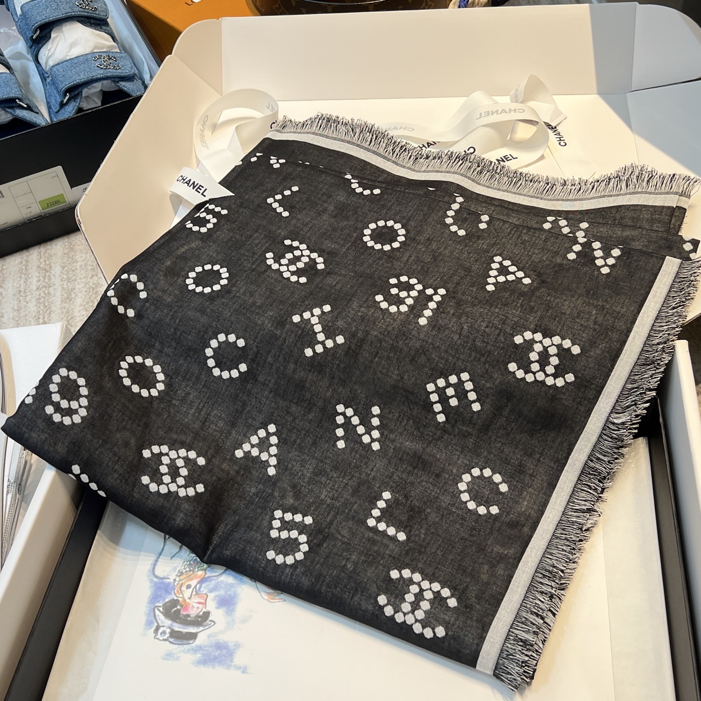 Chanel 25C Black, White & Grey Pearl Double-C Scarf