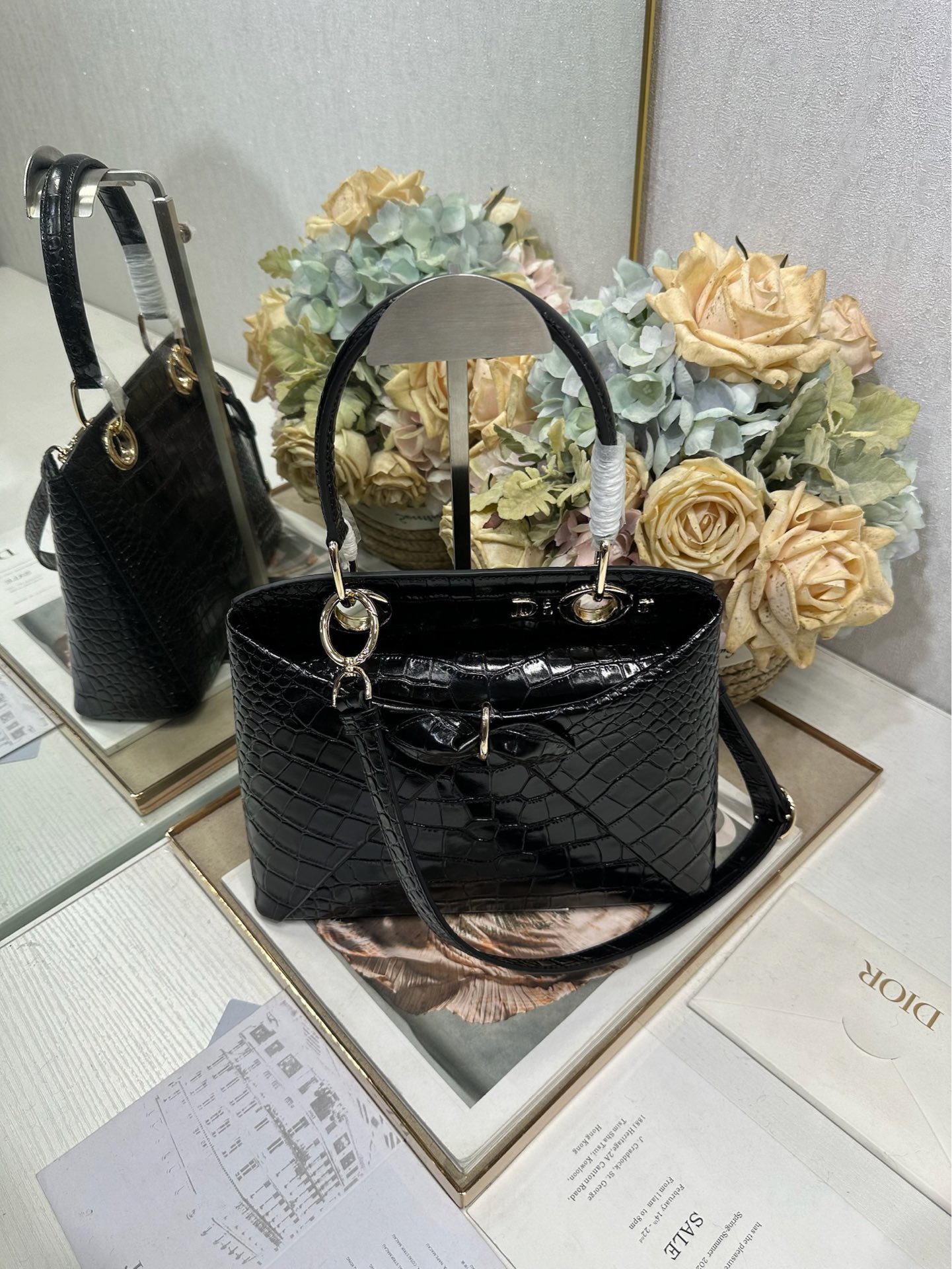 Dior Butterfly Bow Top Handle Bag in Crocodile Embossed Leather