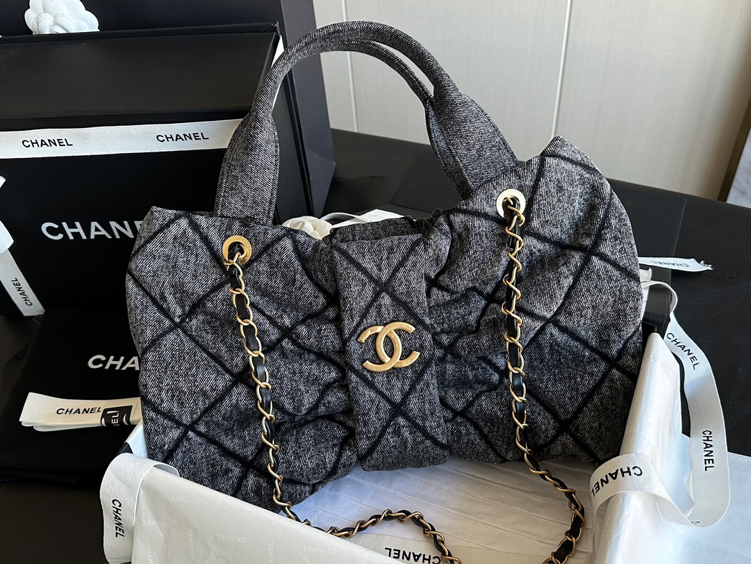 CHANEL Bow Bag Washed Denim & Gold-Tone Metal Black