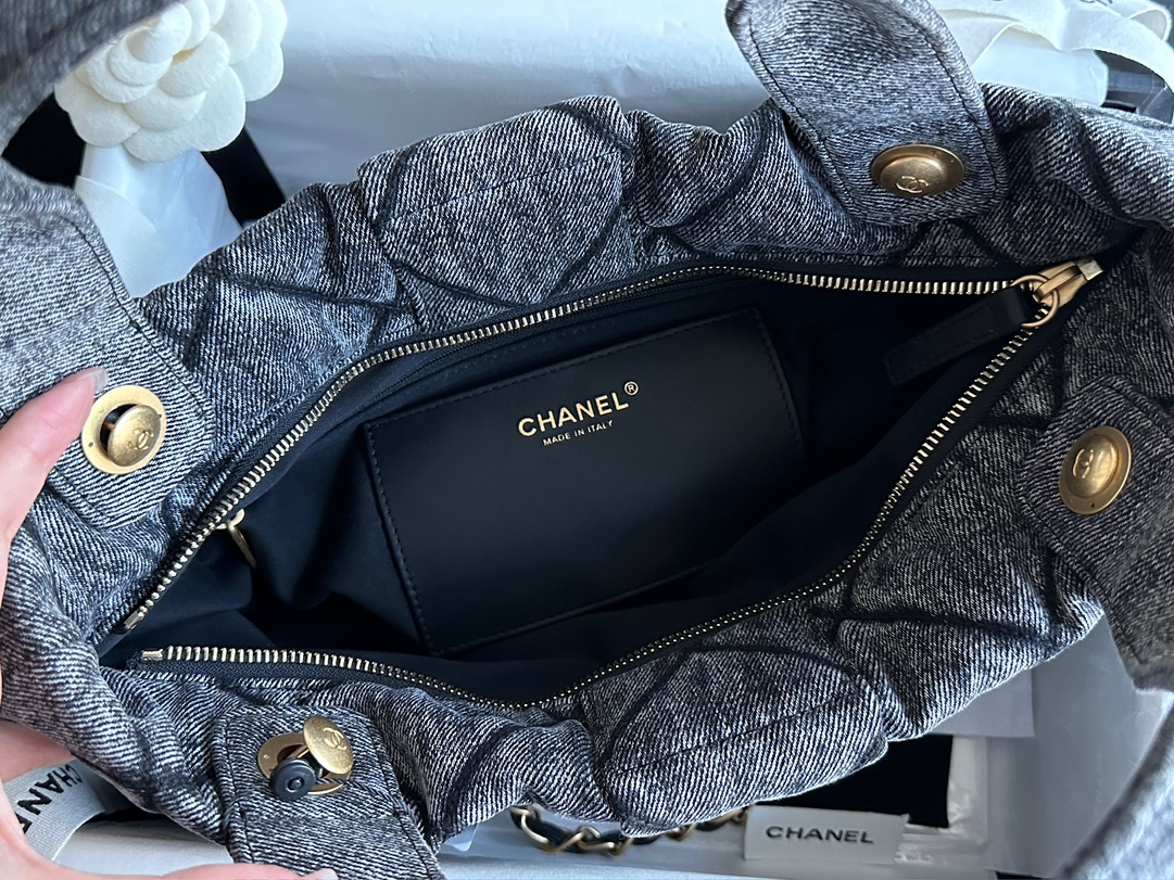 CHANEL Bow Bag Washed Denim & Gold-Tone Metal Black
