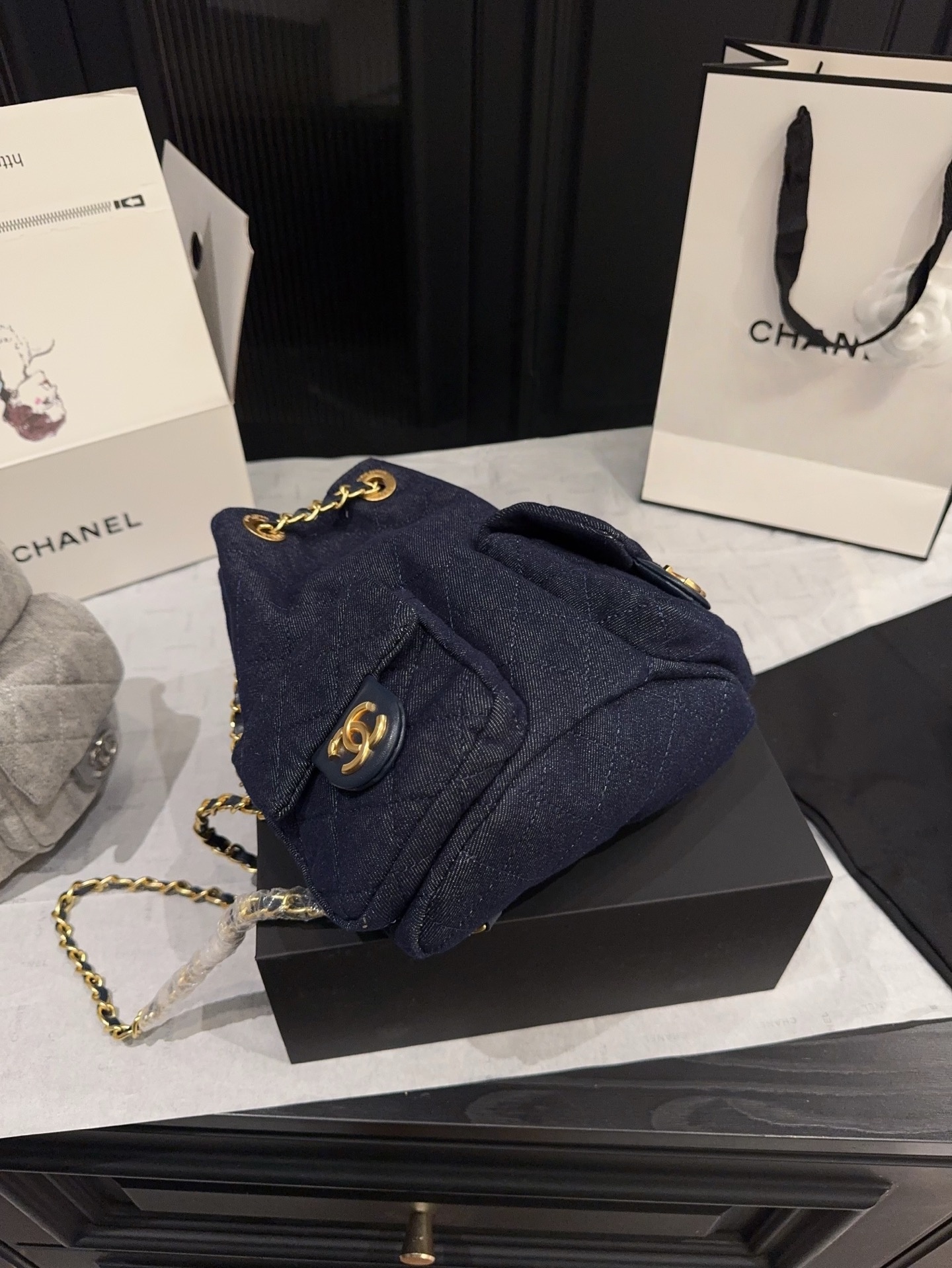 Chanel Leather Backpack Women's Dark Blue