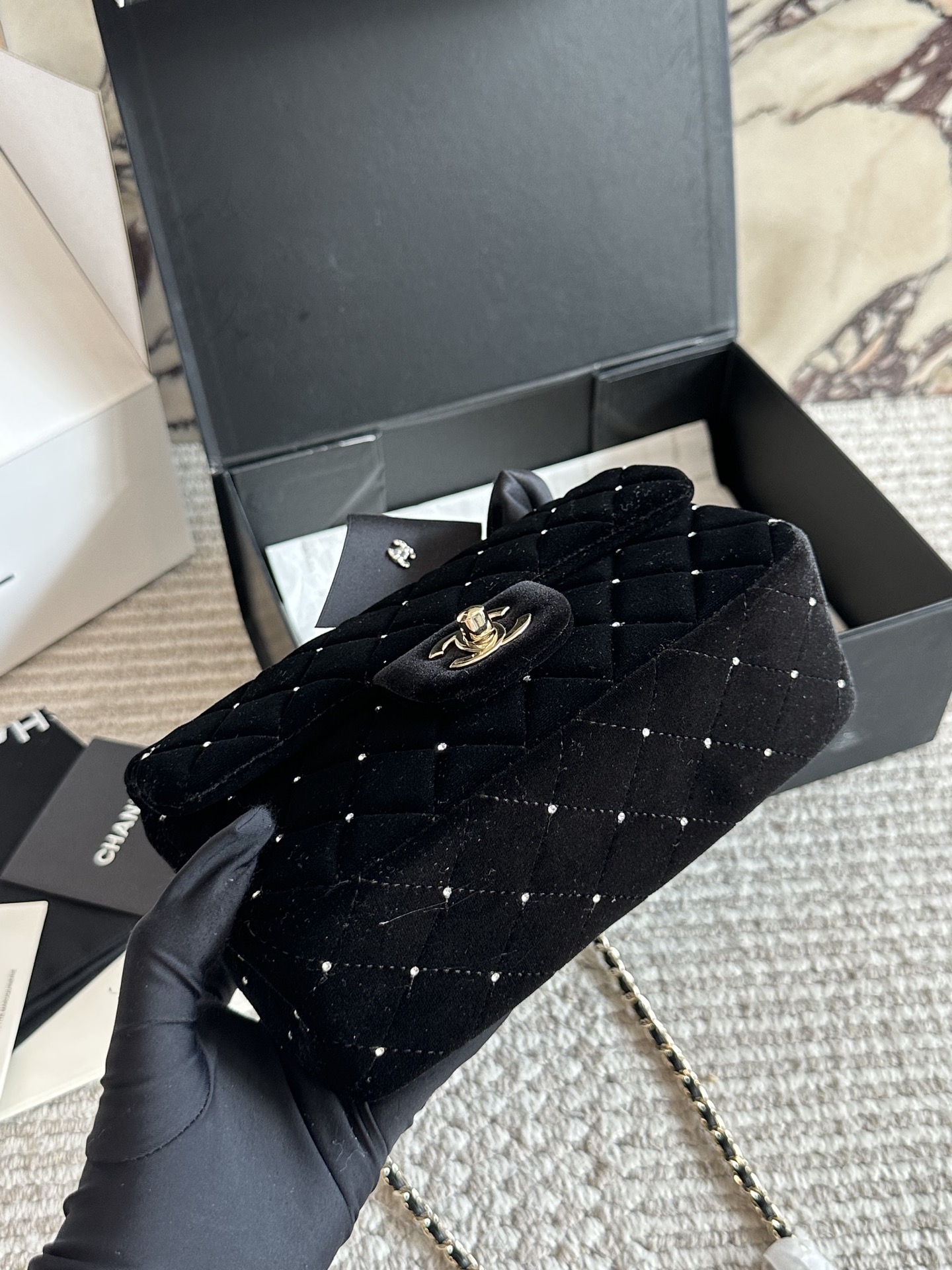 CHANEL Velvet Crystal-Ball Chain Flap Bag