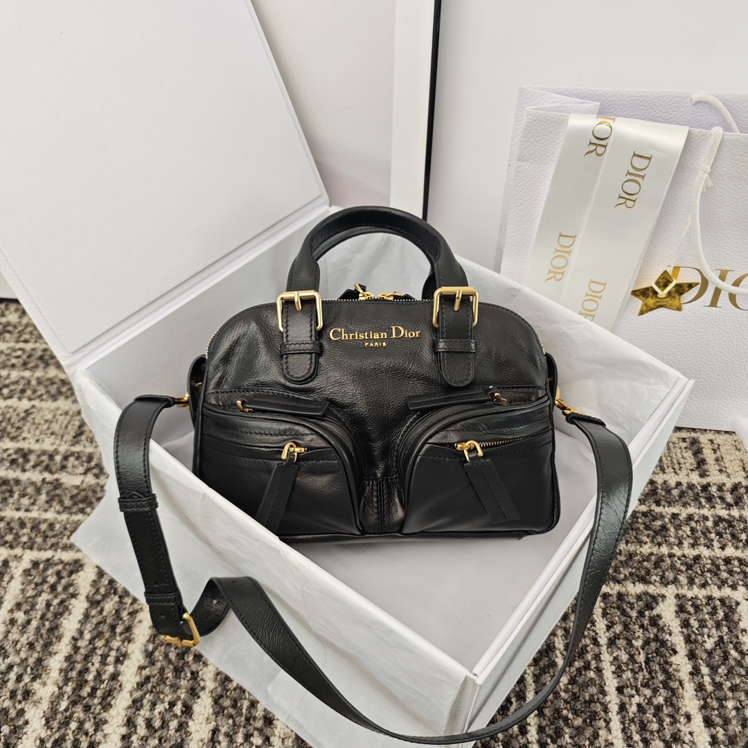 DIOR Medium Grand Tour Bowling Bag Black Crinkled Calfskin