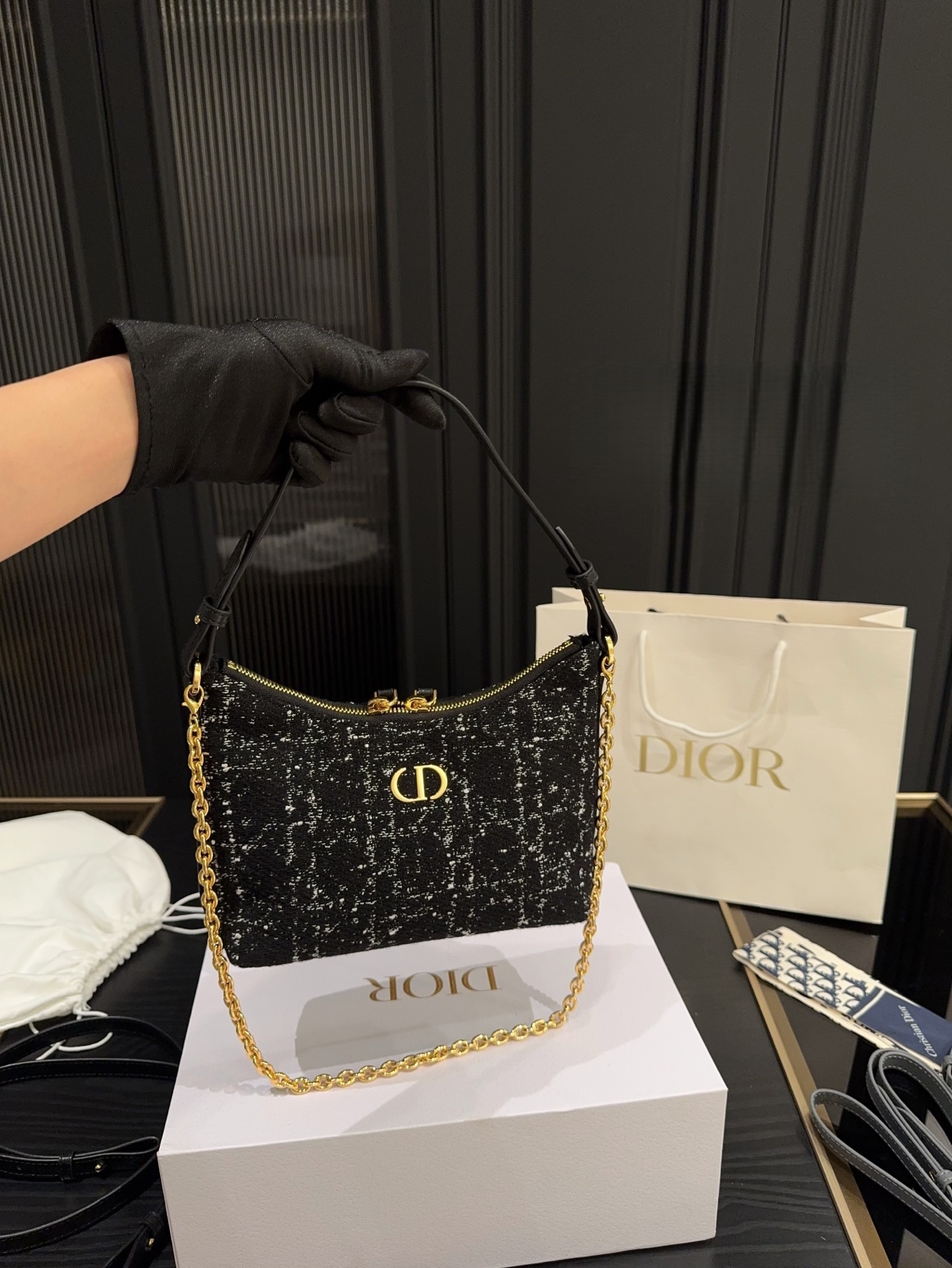 Dior Miss Caro Diorling Mini Bag with Chain Black Cannage Tweed