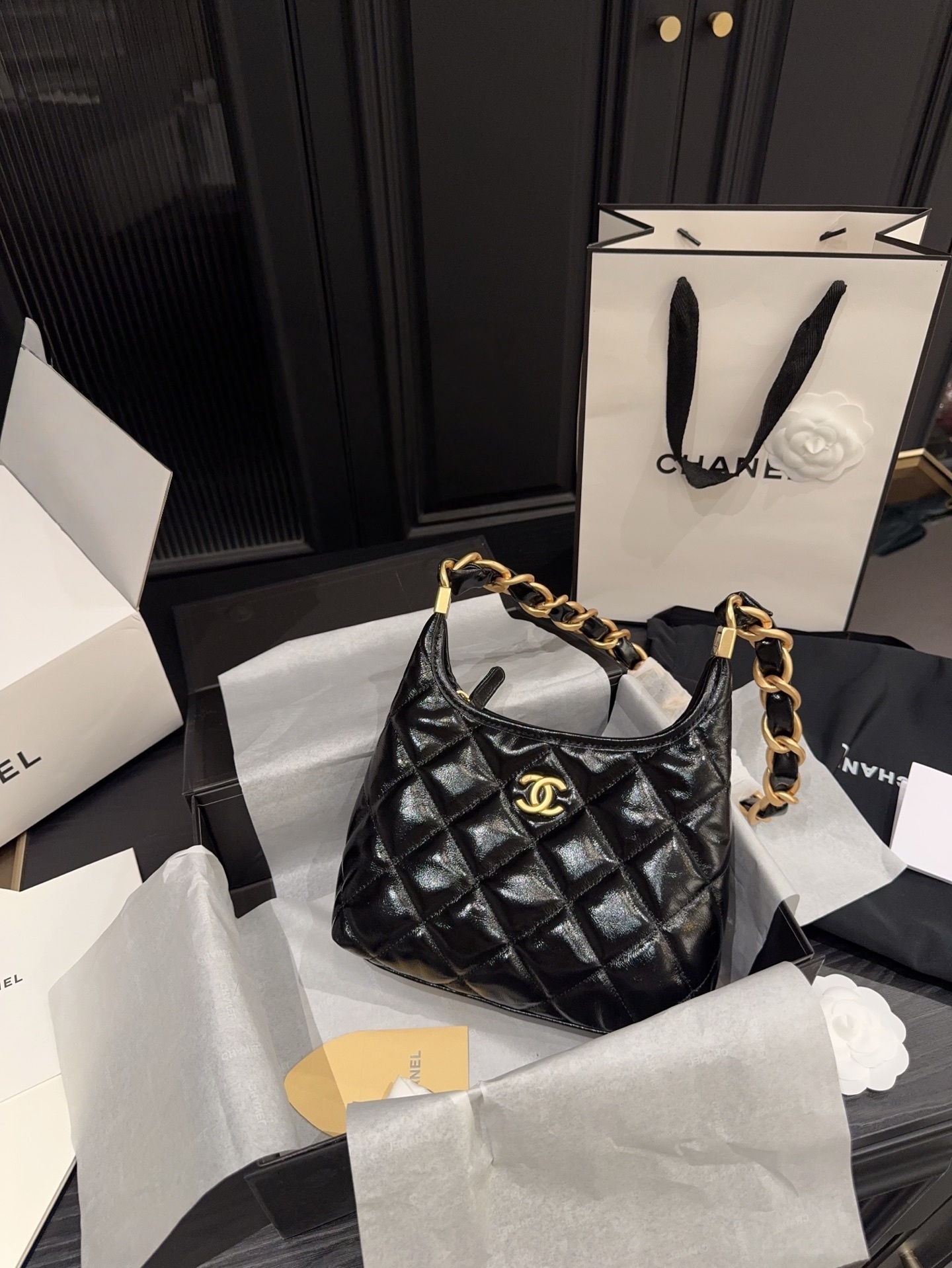 Chanel 24A Chain Hobo Bag Black