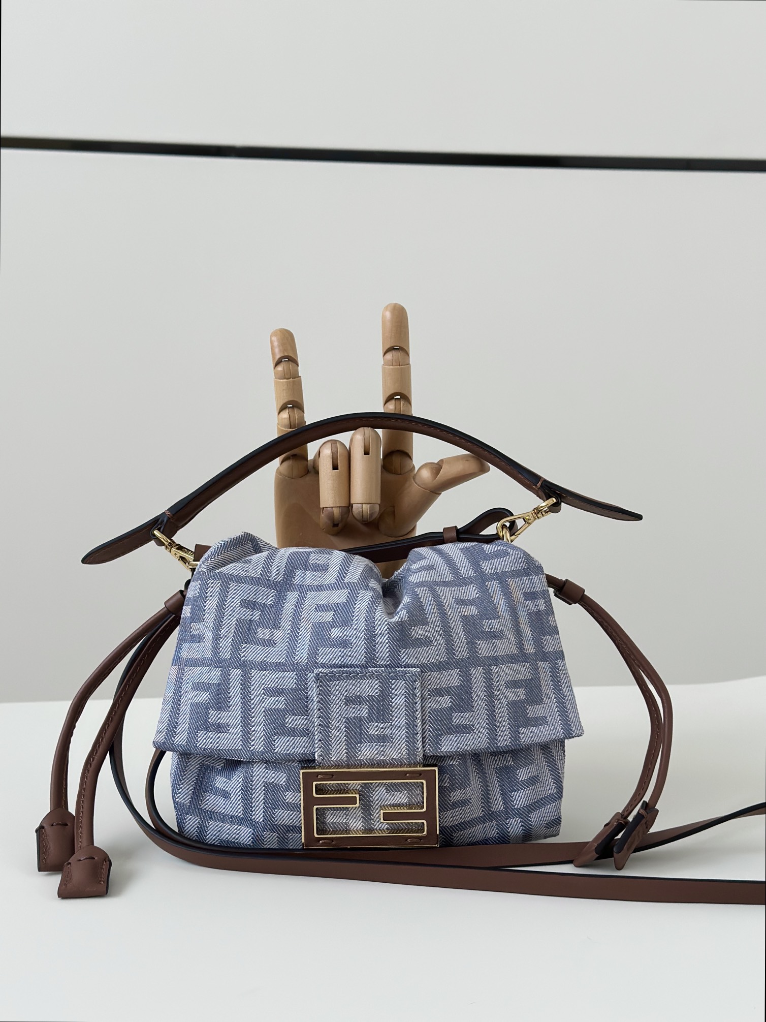 Fendi Mamma Baguette Small Blue denim-effect FF jacquard mini-bag