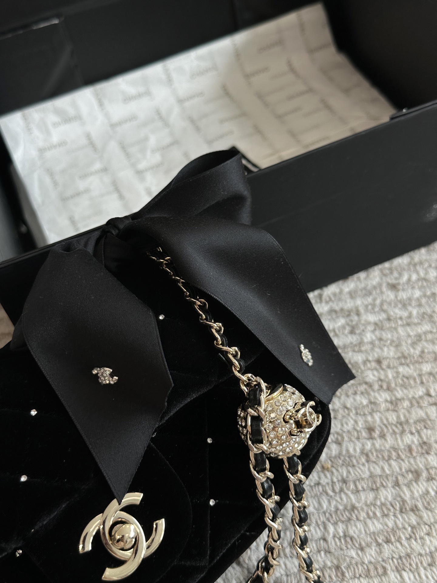 CHANEL Velvet Crystal-Ball Chain Flap Bag