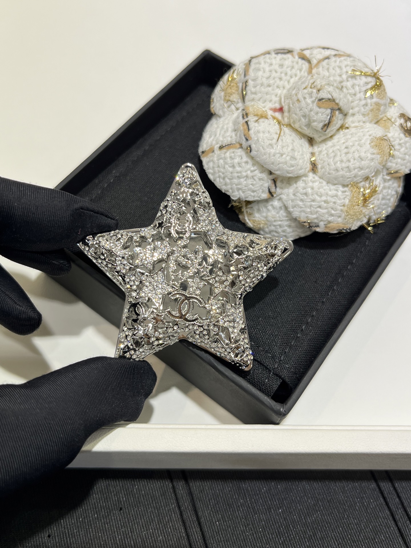 CHANEL Silver Hollow Star Brooch