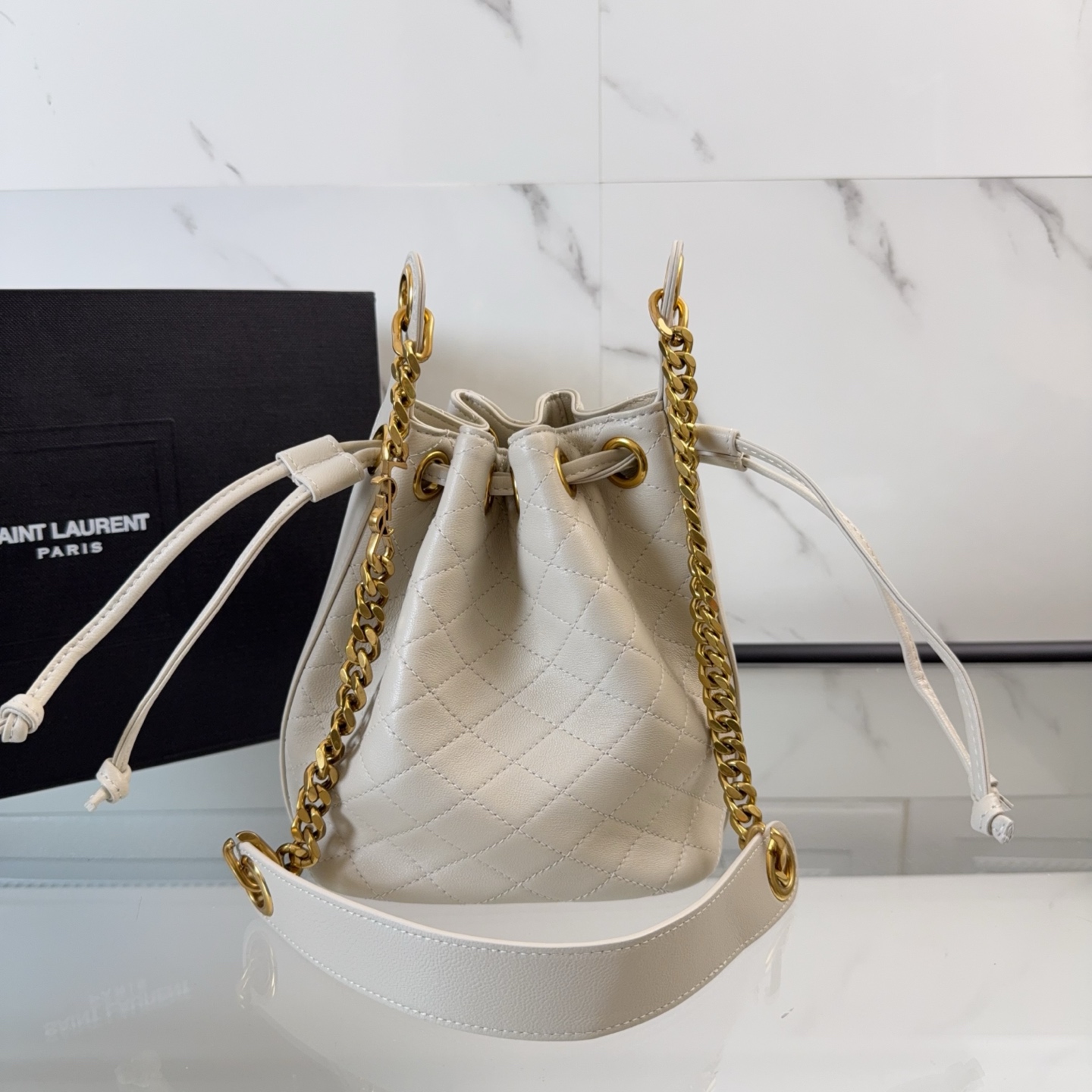 YSL Cassandre Bucket Bag In Lambskin 'Crema Soft'