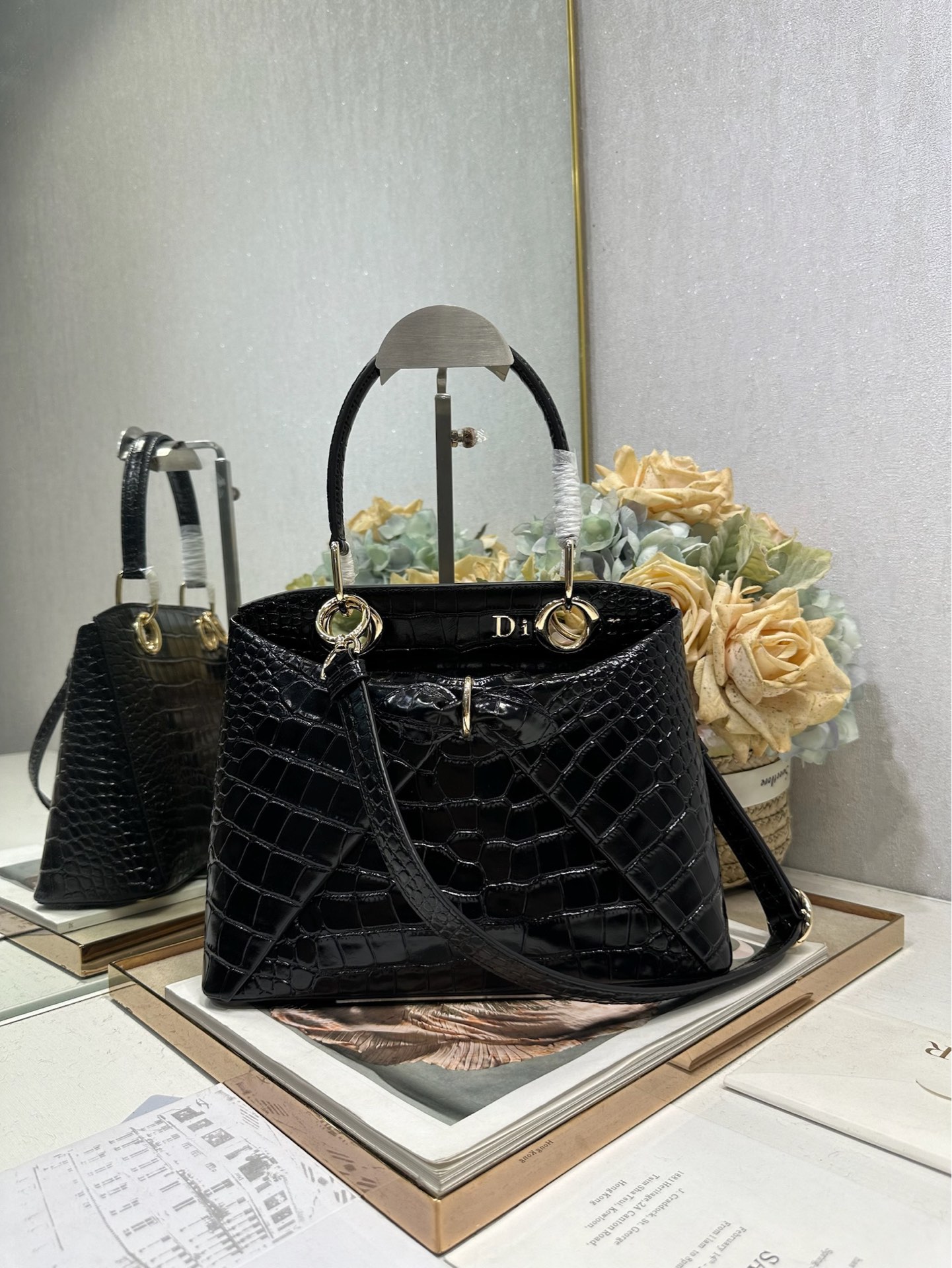 Dior Butterfly Bow Top Handle Bag in Crocodile Embossed Leather
