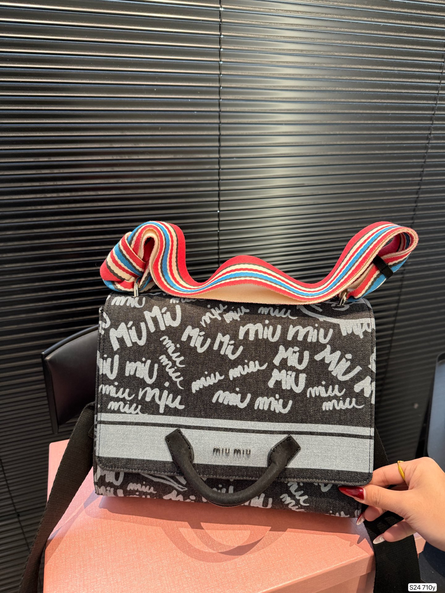 MIU MIU Graffiti Printed Black Denim Tote Bag In Black-white