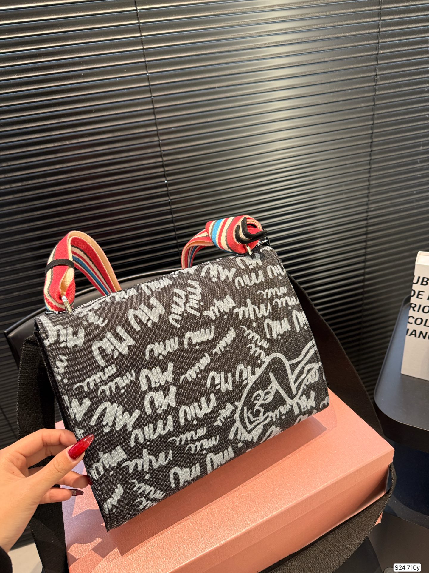 MIU MIU Graffiti Printed Black Denim Tote Bag In Black-white