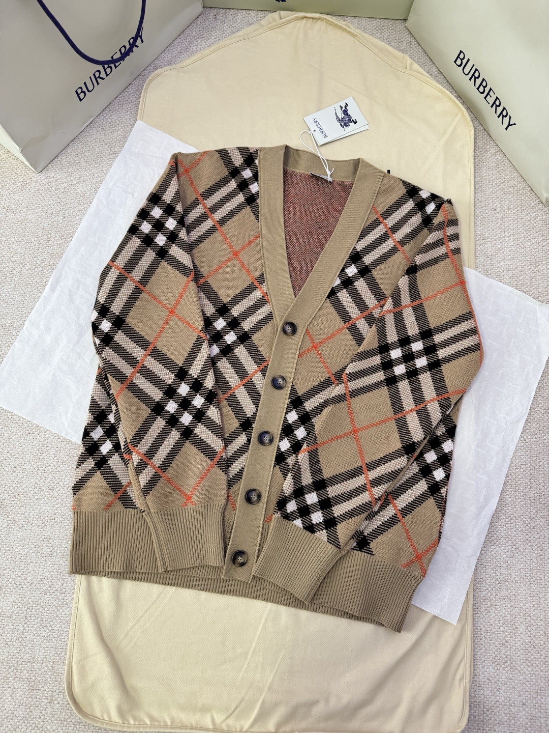 BURBERRY Check Wool Knit Cardigan