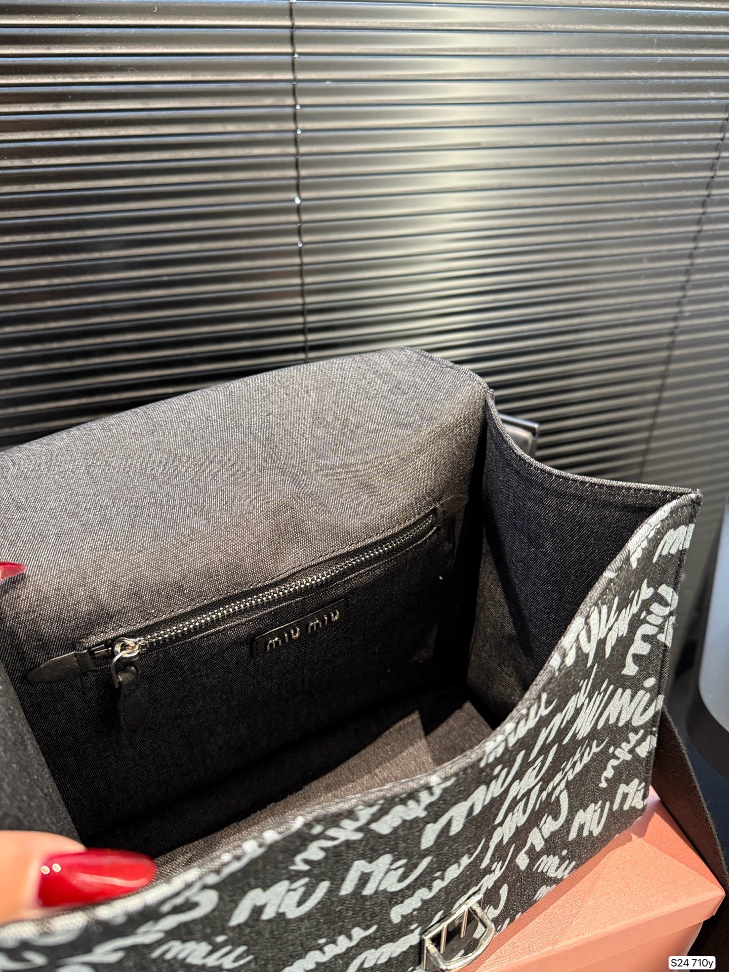 MIU MIU Graffiti Printed Black Denim Tote Bag In Black-white