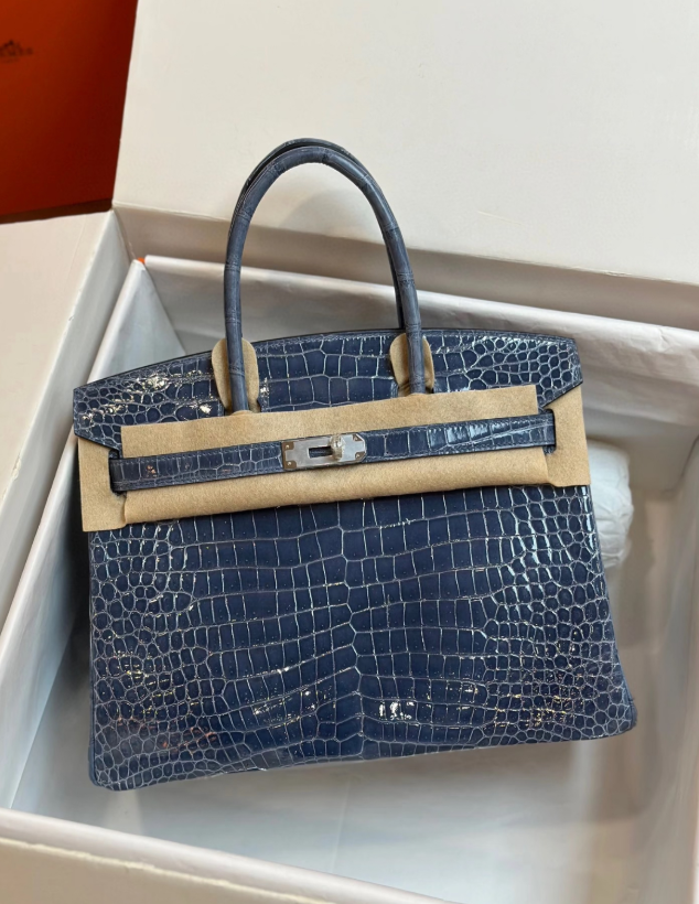 Hermès Brikin 25-30 Storm Blue Silver Buckle Custom crocodile Leather