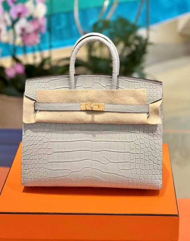 Hermès Birkin 25-30 pearl grey with lemon yellow inner panel matte crocodile skin