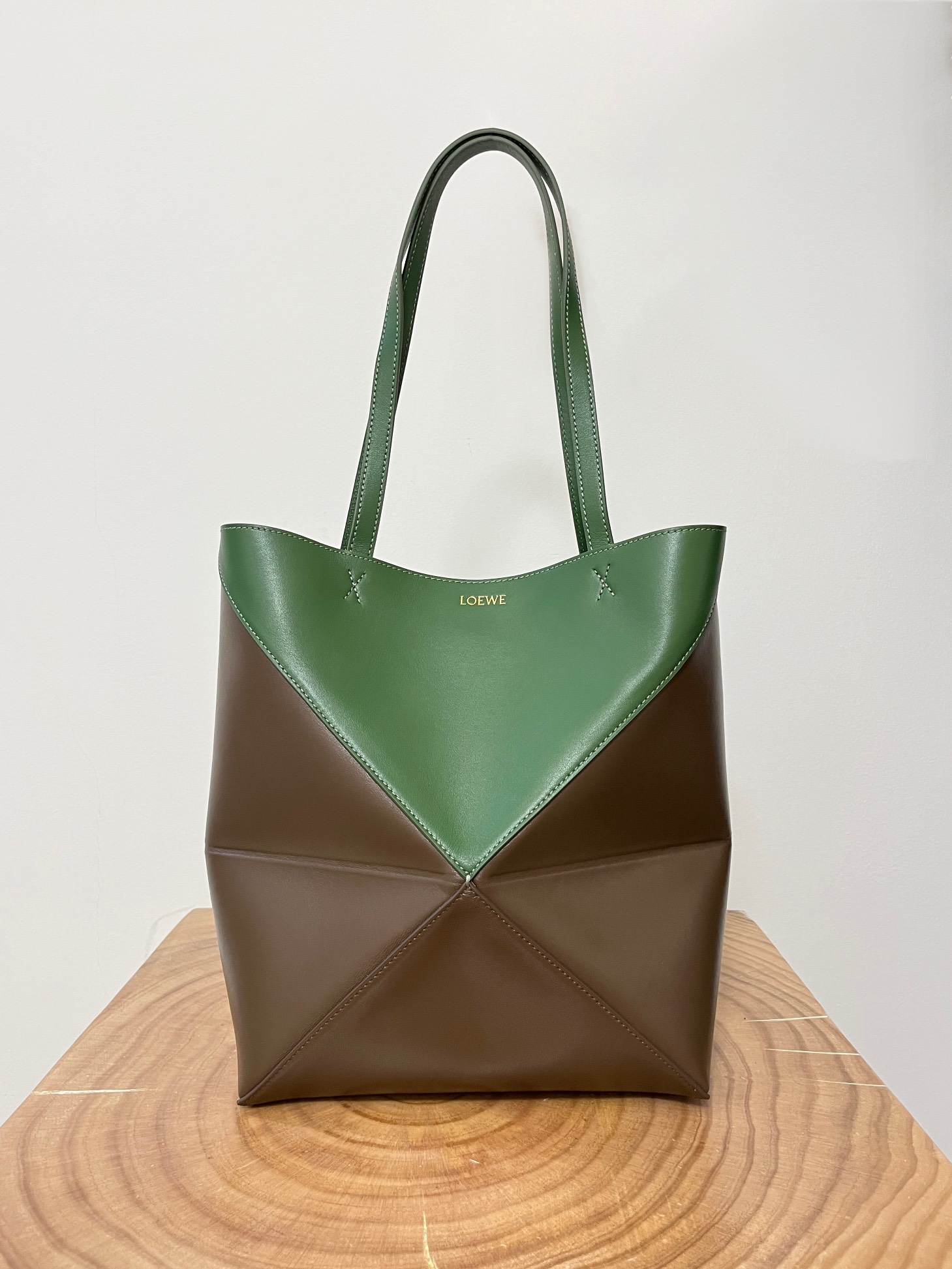 Loewe Shiny Calfskin Large Puzzle Fold Tote Umber Hunter Green