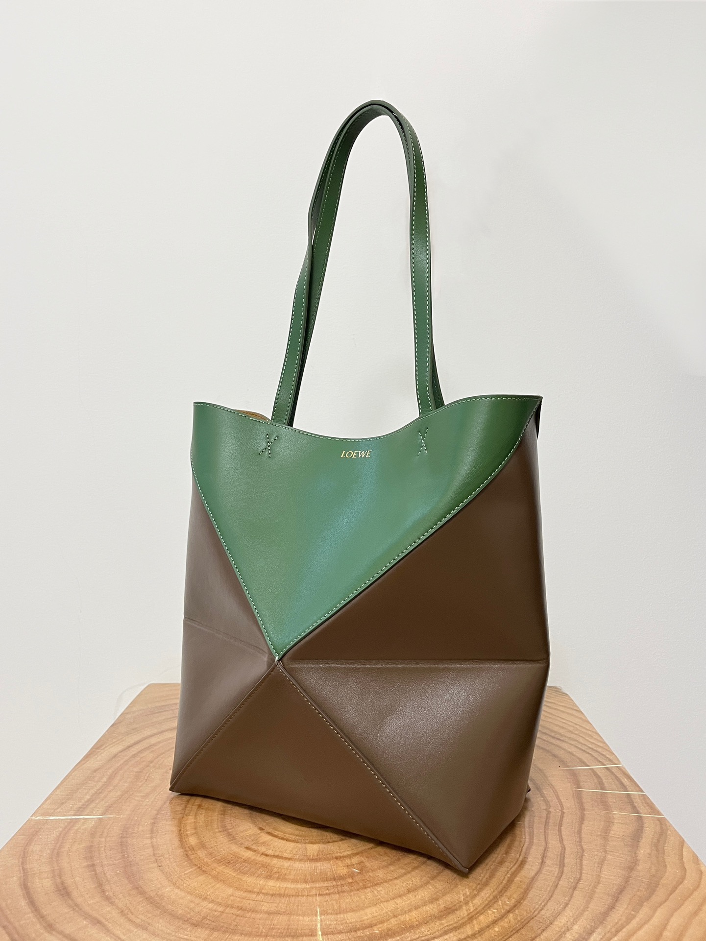 Loewe Shiny Calfskin Large Puzzle Fold Tote Umber Hunter Green
