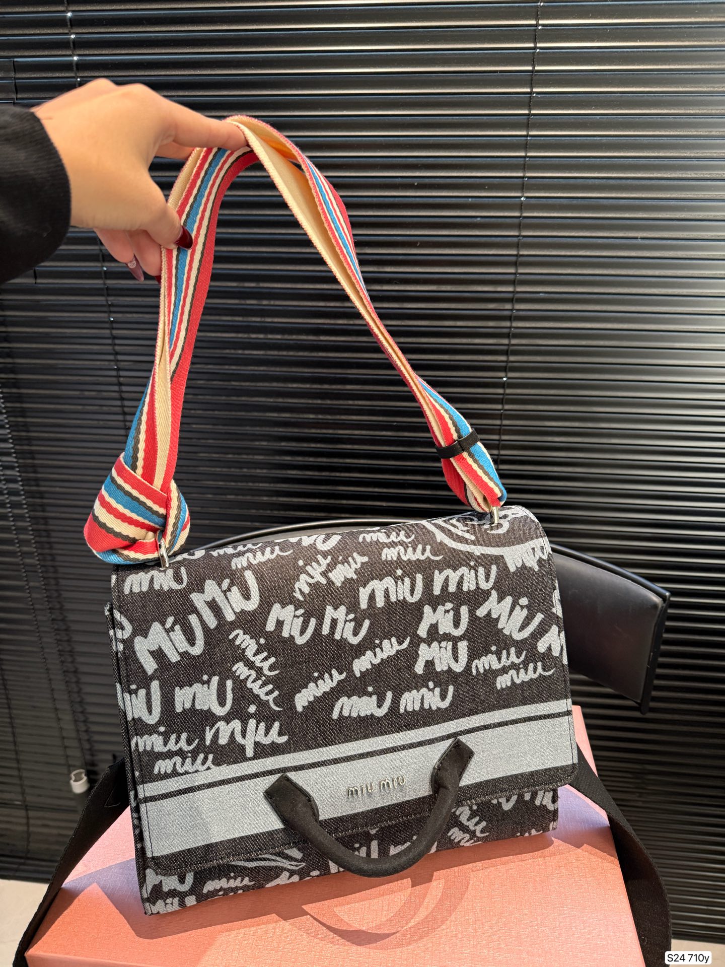 MIU MIU Graffiti Printed Black Denim Tote Bag In Black-white