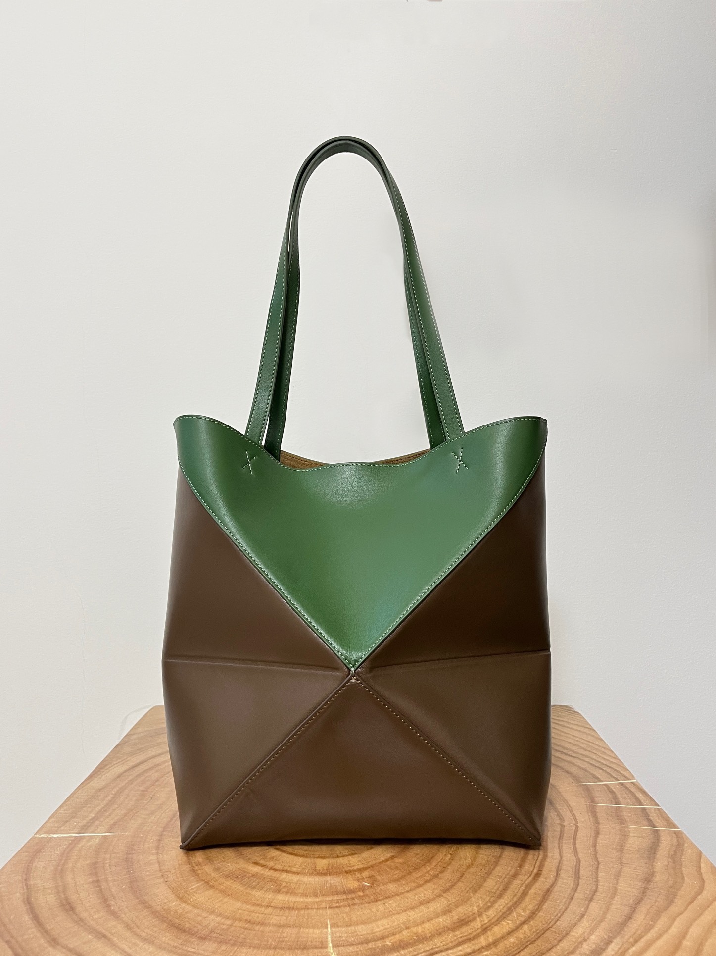 Loewe Shiny Calfskin Large Puzzle Fold Tote Umber Hunter Green