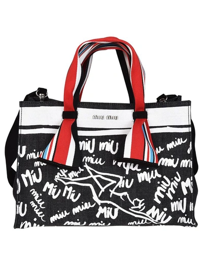 MIU MIU Graffiti Printed Black Denim Tote Bag In Black-white