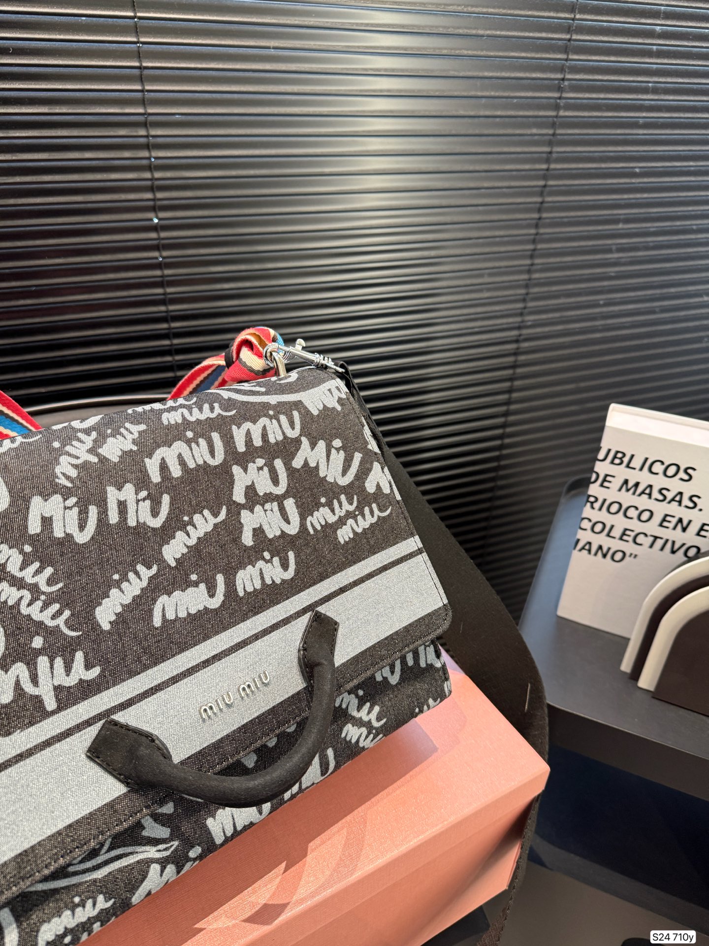 MIU MIU Graffiti Printed Black Denim Tote Bag In Black-white