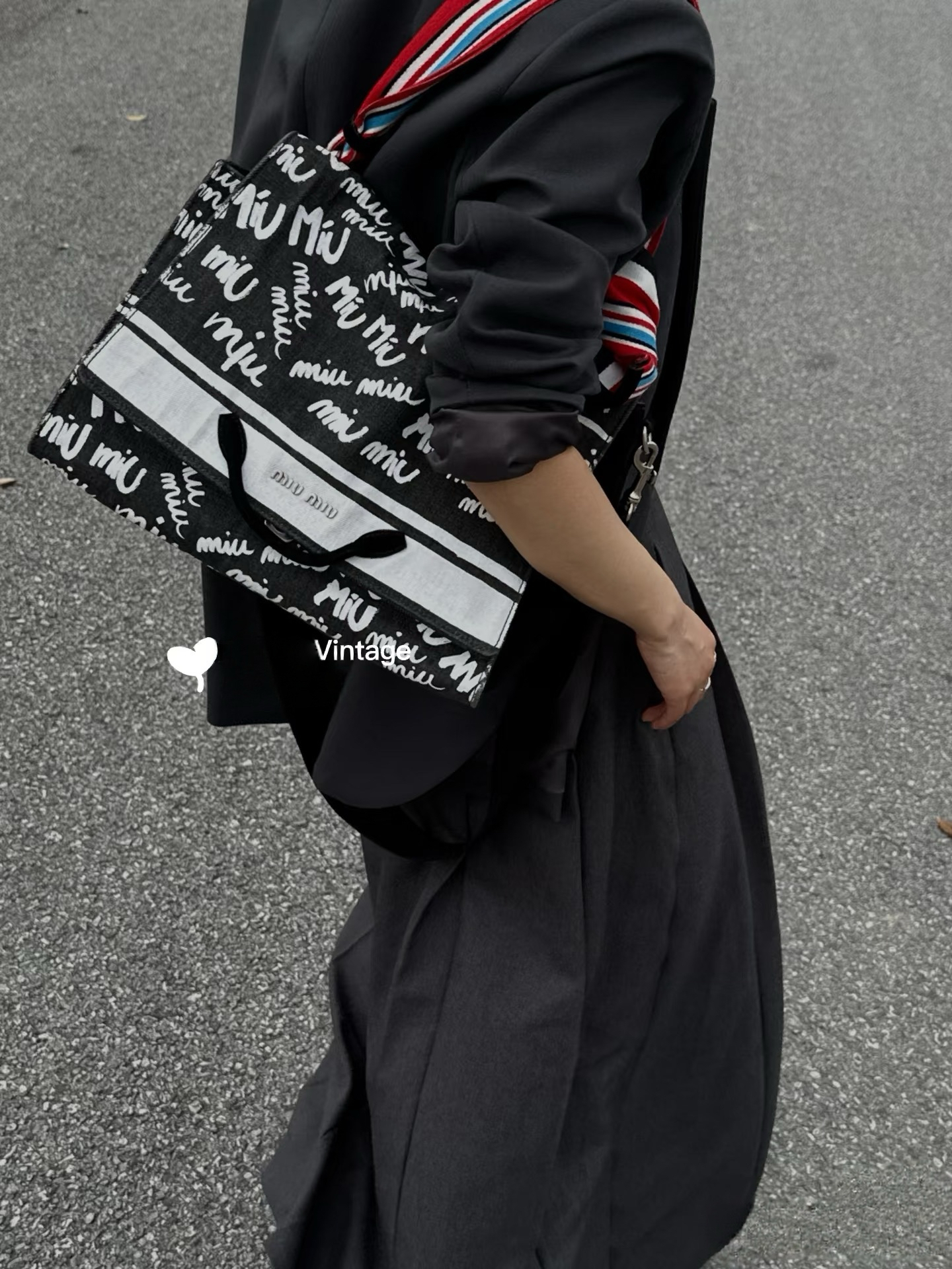 MIU MIU Graffiti Printed Black Denim Tote Bag In Black-white