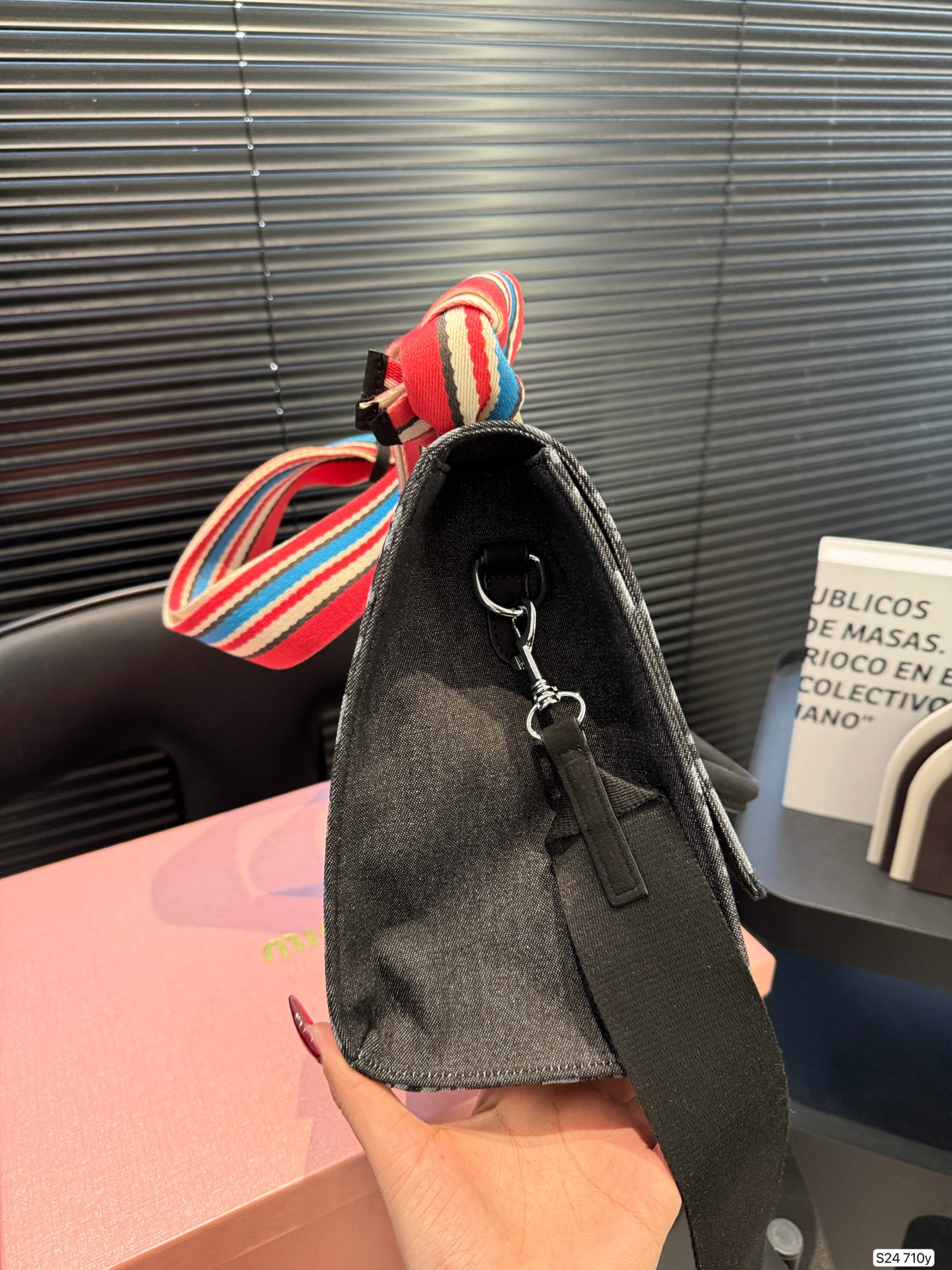 MIU MIU Graffiti Printed Black Denim Tote Bag In Black-white