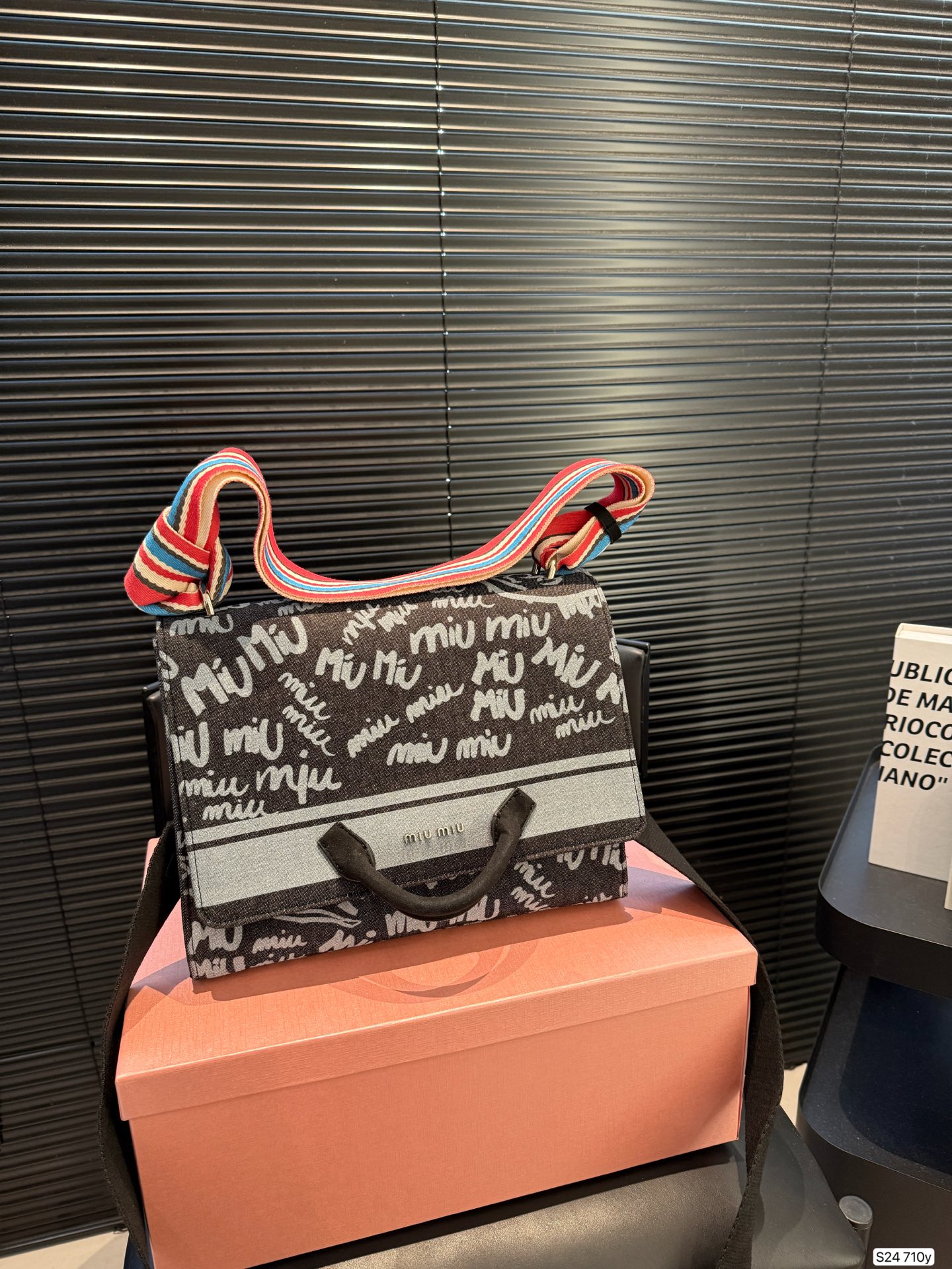 MIU MIU Graffiti Printed Black Denim Tote Bag In Black-white