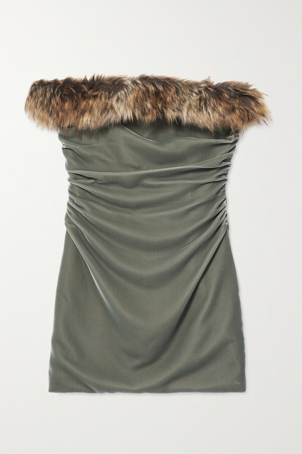Saint Laurent Off-the-shoulder Faux Fur-trimmed Gathered Velvet Mini Dress - Gray