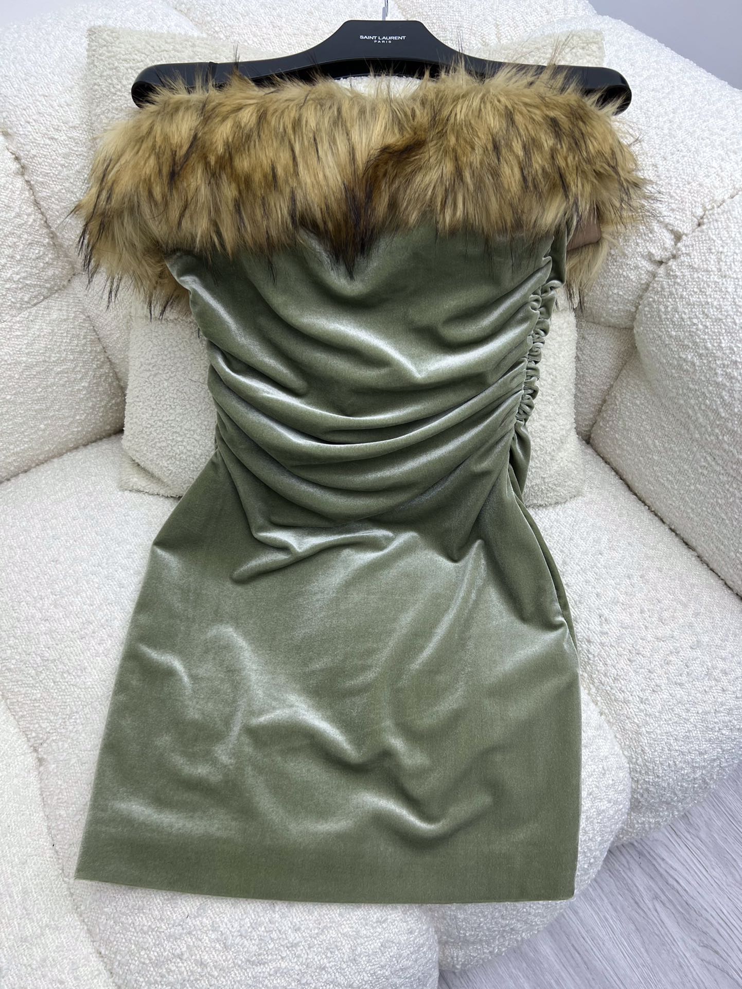 Saint Laurent Off-the-shoulder Faux Fur-trimmed Gathered Velvet Mini Dress - Gray