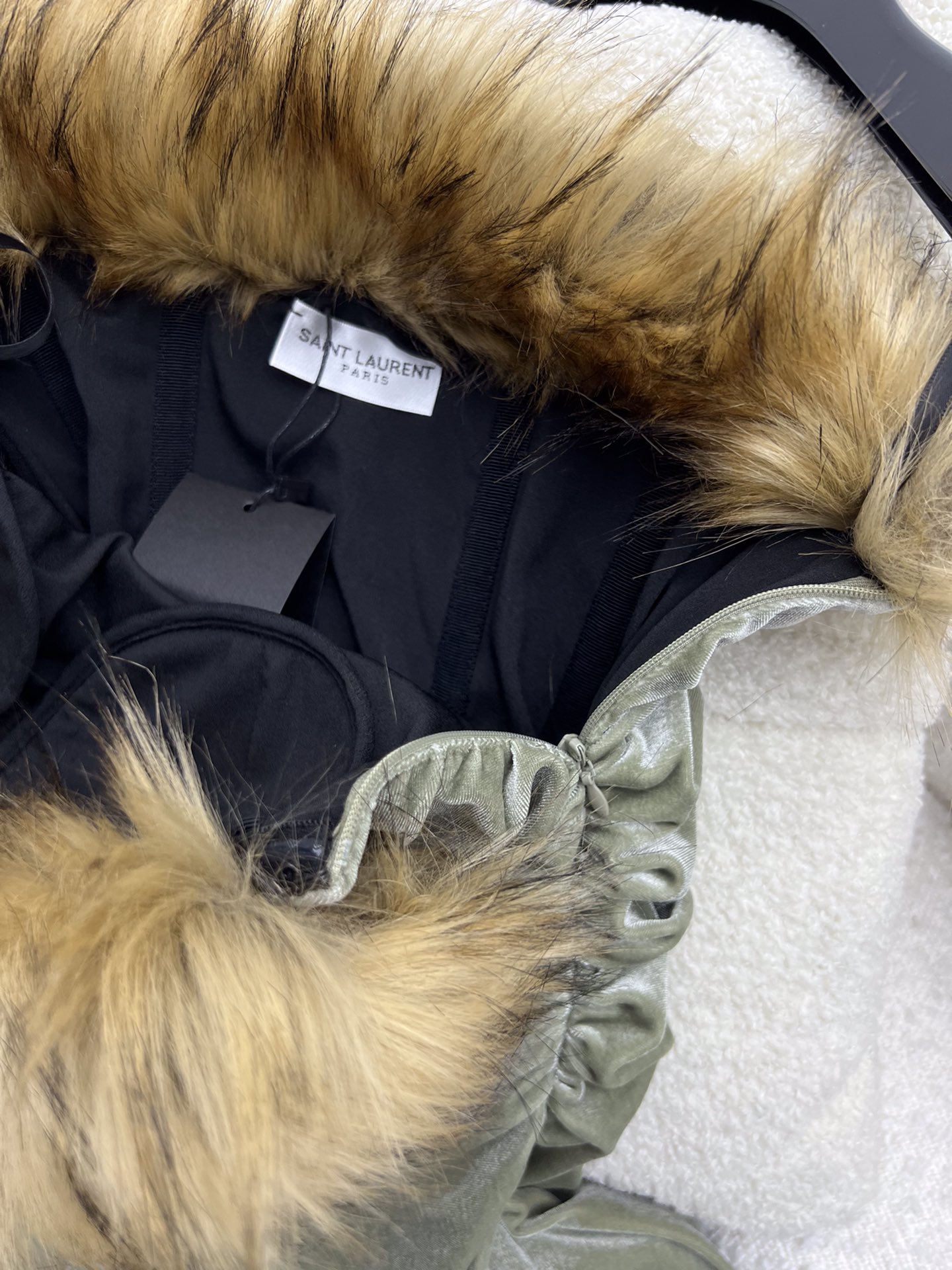 Saint Laurent Off-the-shoulder Faux Fur-trimmed Gathered Velvet Mini Dress - Gray