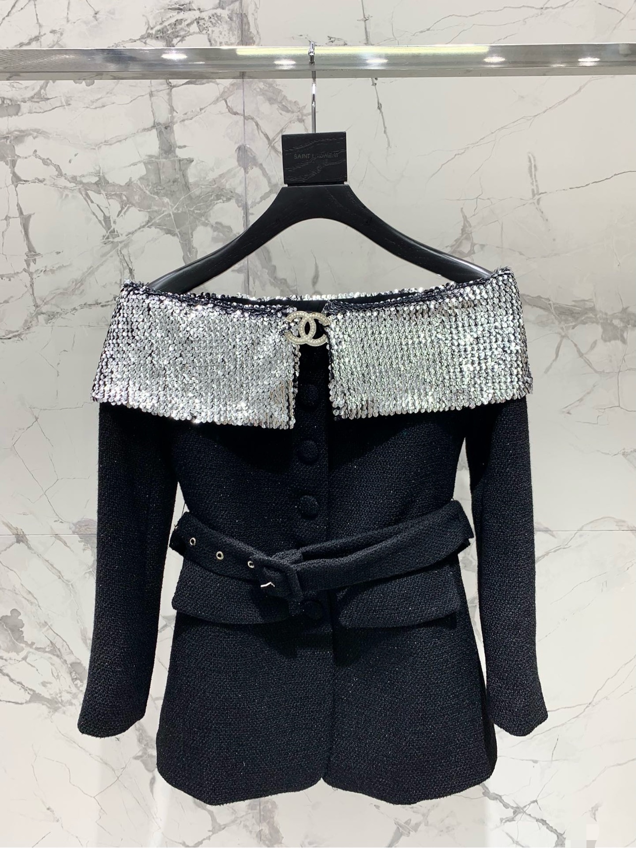 YSL Sequin Bustier Tweed Dress Coat