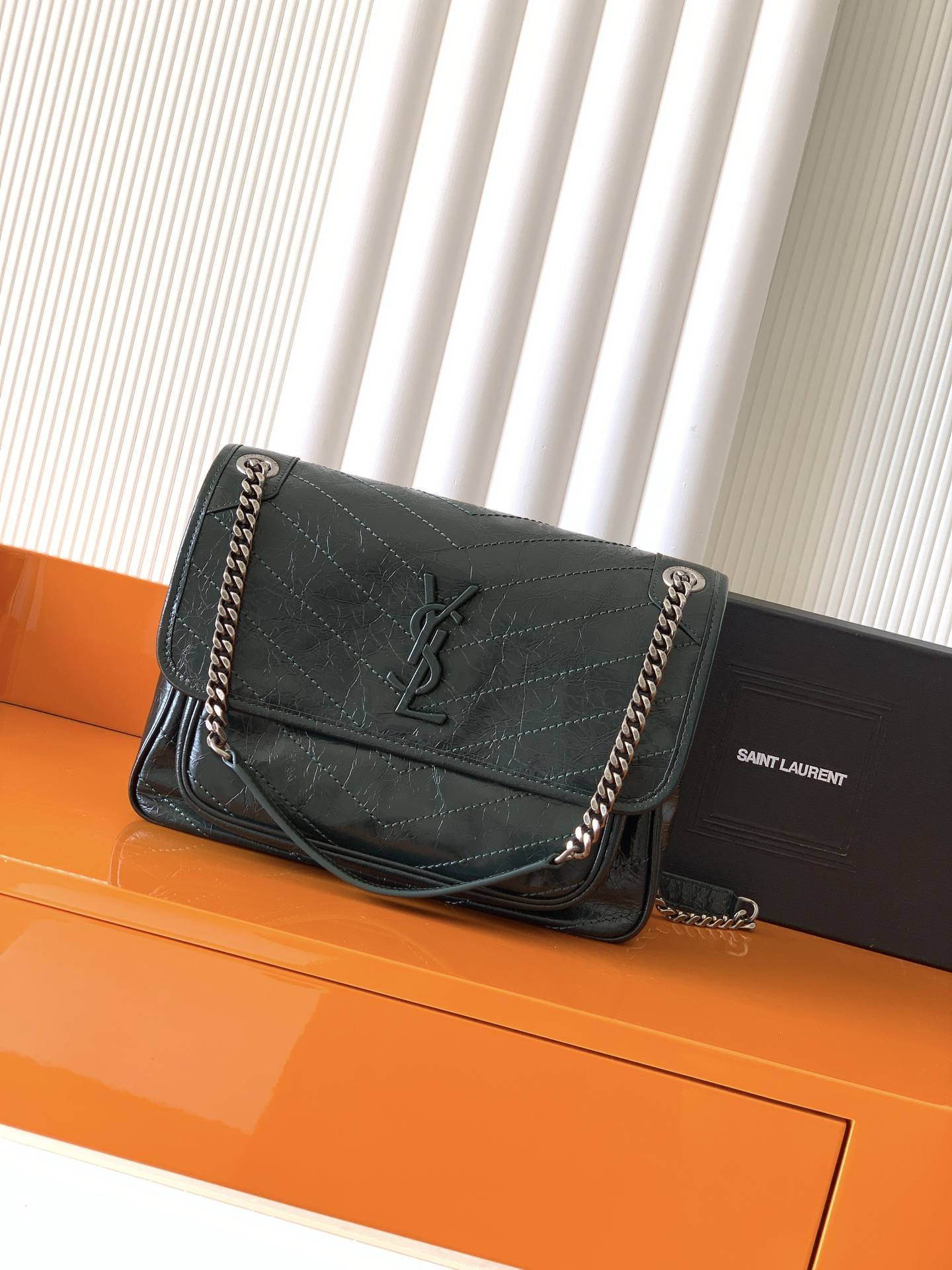 SAINT LAURENT Niki Medium Crinkled Glossed-leather Shoulder Bag