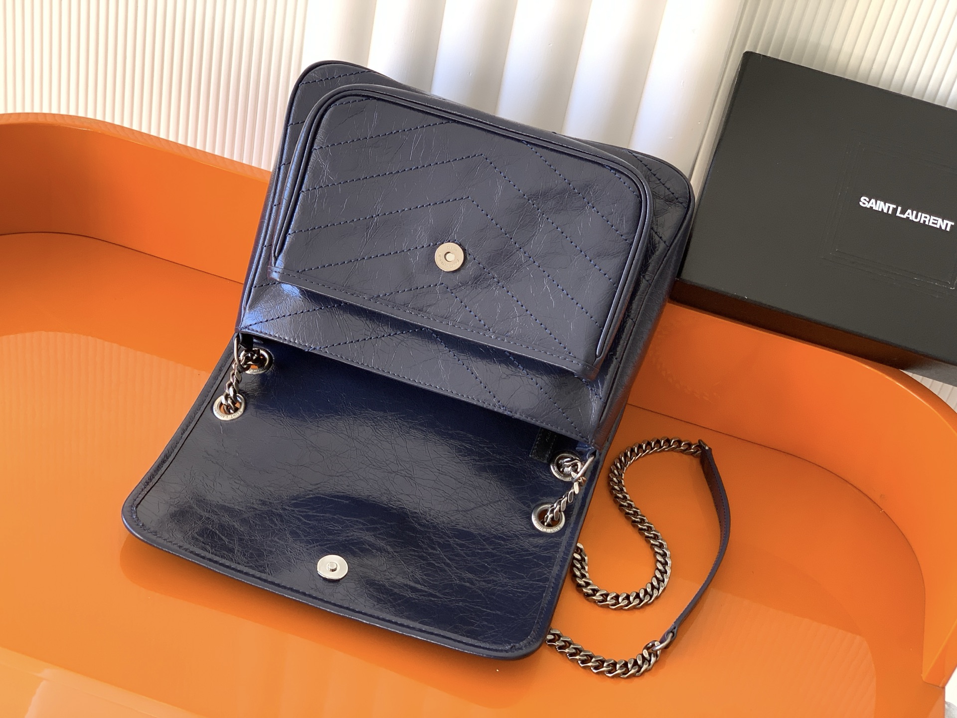 SAINT LAURENT Niki Medium Crinkled Glossed-leather Shoulder Bag