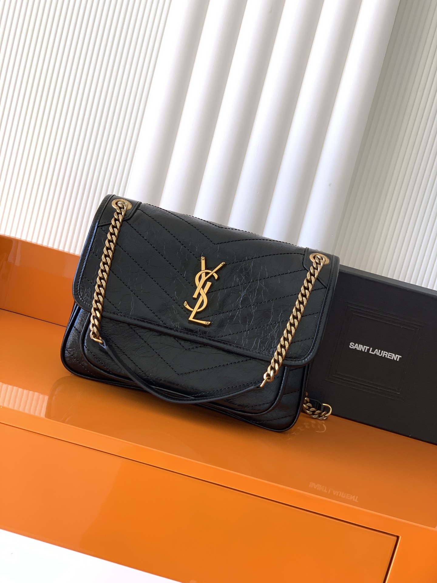 SAINT LAURENT Niki Medium Crinkled Glossed-leather Shoulder Bag